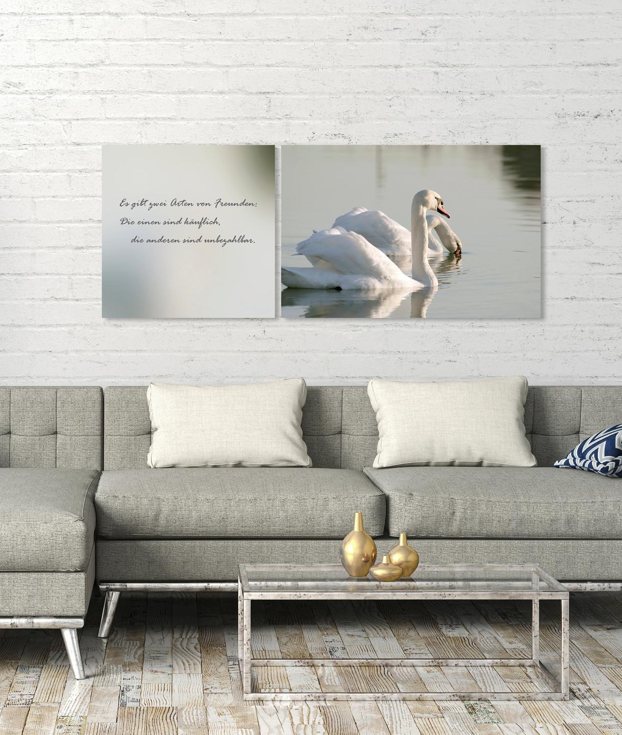 queence Leinwandbild »Freunde«, See-Seebilder-Seelandschaft-Kunst-Modern-Spa-Spa Bilder-Sprüche-Sprüche & Texte-Schriftzug-Schriftzüge-Schwanen Bilder, (Set), Premium-Leinwandstoff, Handarbeit aus Deutschland, Zitat, 2er Set