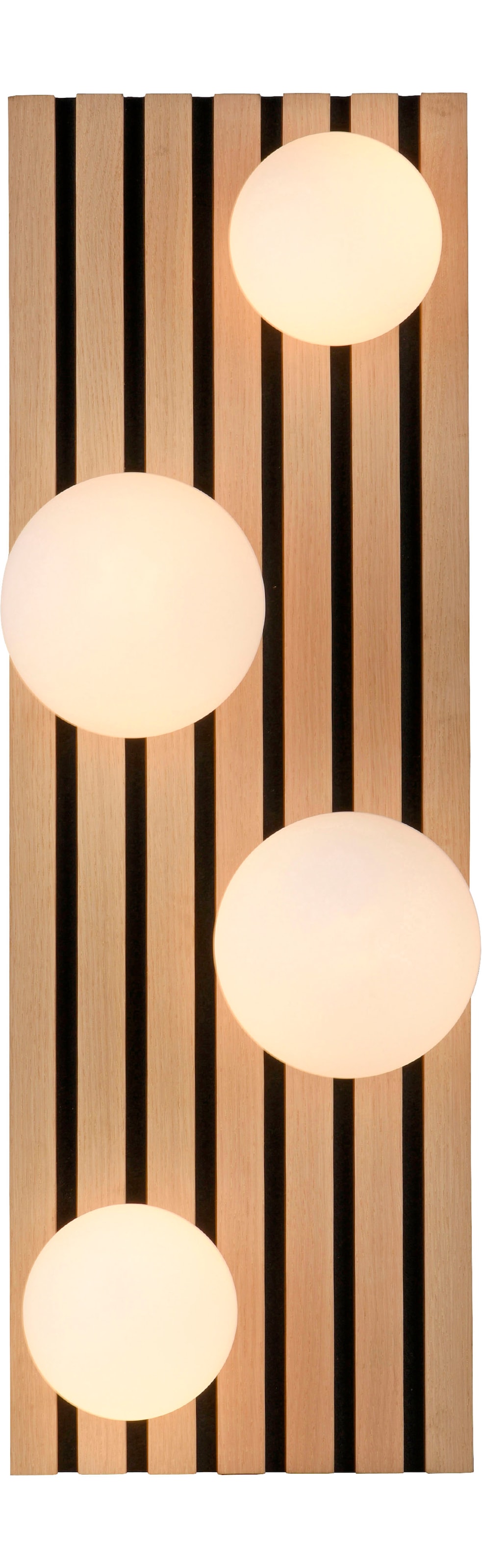 Leonique Deckenleuchte »Erinette Akustikpaneele mit Glaskugeln«, 4 flammig, Leuchtmittel G9 | Leuchtmittel wechselbar-ohne Leuchtmittel, Holz, Akustik, Paneele, Glas, opal matt weiß, Deckenlampe
