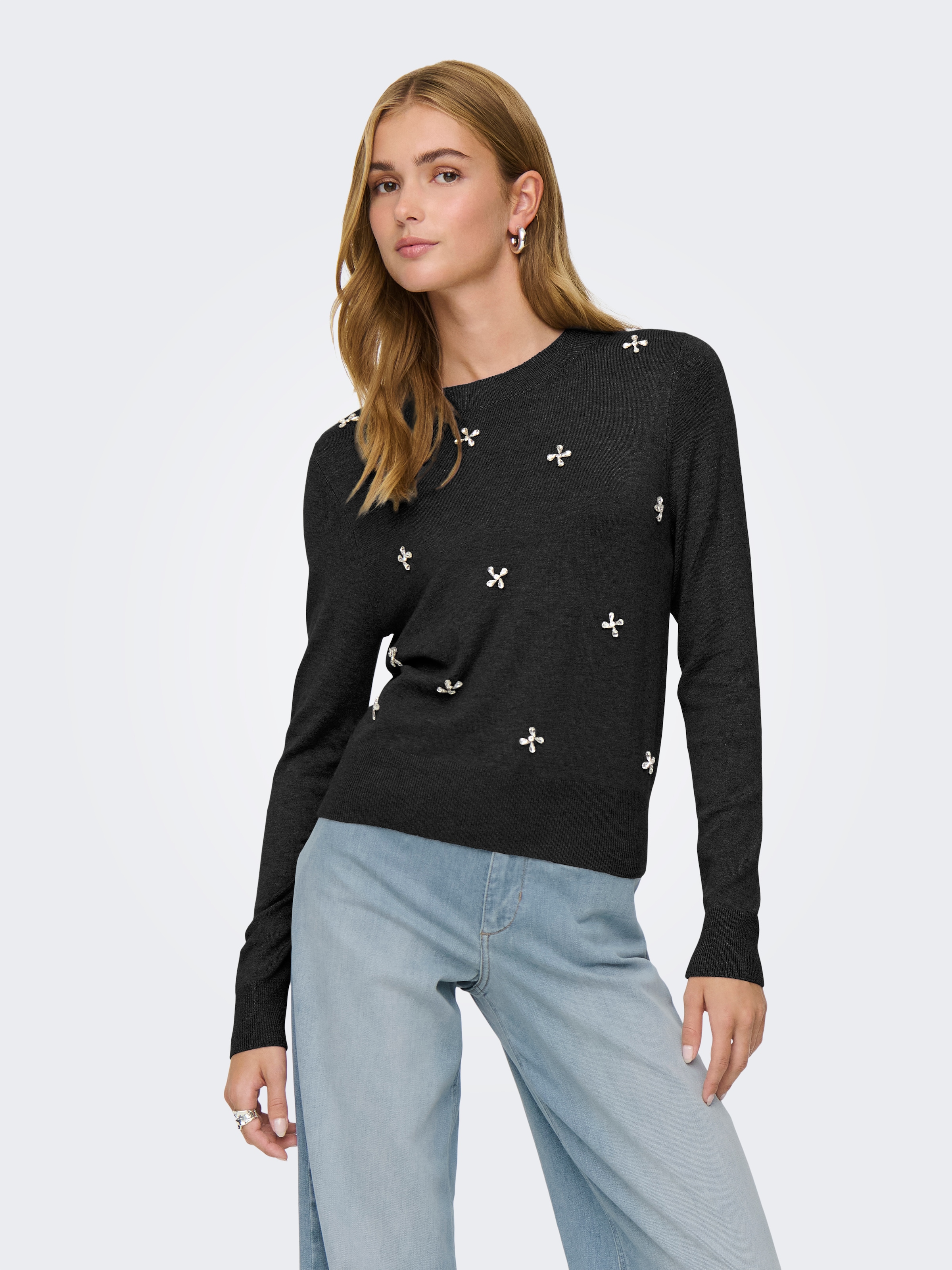 ONLY Rundhalspullover »ONLVENICE LIFE LS BLING O-NECK CC KNT« mit Strass-Steinen
