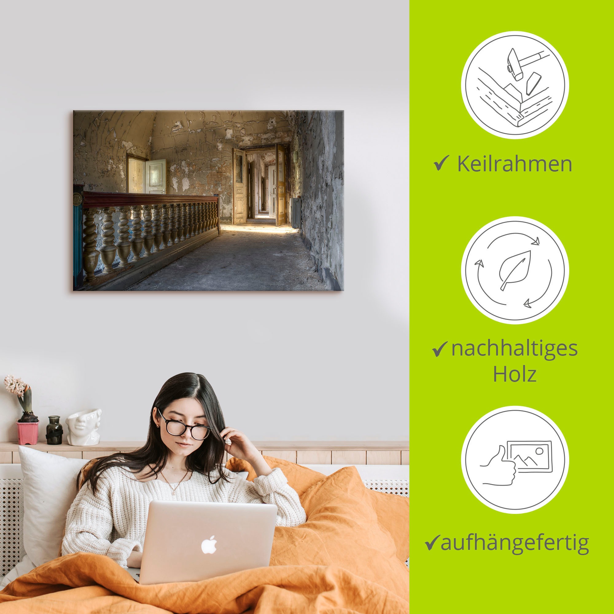 Artland Wandbild »Lost Place - Gang mit Sonnenschein«, Fenster & Türen, (1 St.), als Alubild, Outdoorbild, Leinwandbild in verschied. Größen