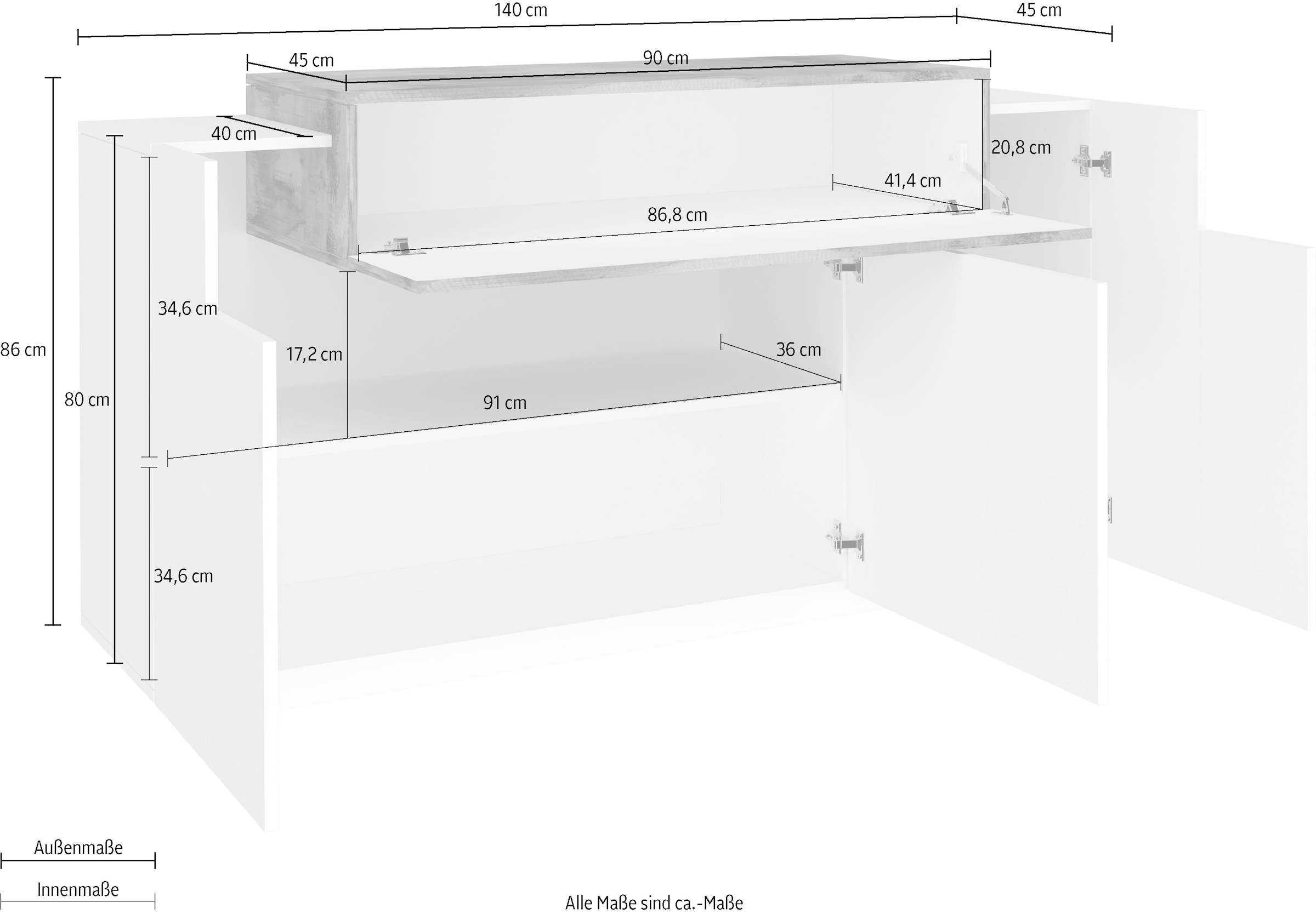 INOSIGN Kommode »Coro, Kommode, Schrank, Kredenz, grifflos«, 1 Klappe,3 Türen, Doppeltiefe Hochglanz Fronten, Breite 140