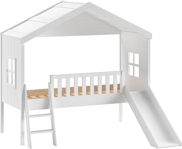Vipack Hausbett »Kiefer massiv weiß lackiert, Made in Europe, stabil gebaut«, (B/H/T ca. 213x201,8cm, wahlweise mit und ohne Rutsche), mit Leiter, seitliche Fenster, Rolllattenrost und Absturzschutz