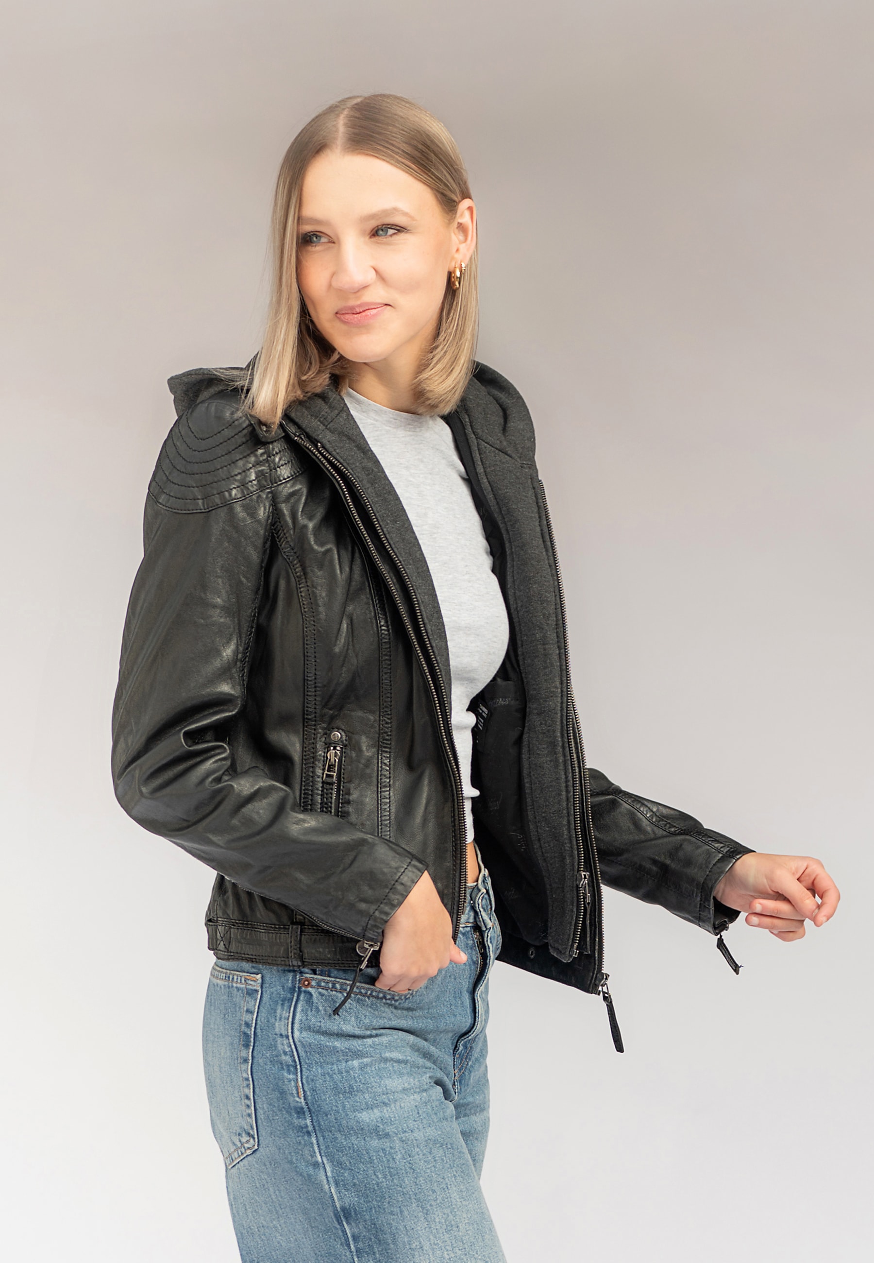 Mauritius Lederjacke »Cacey LEGV« mit Kapuze mti Kapuze, Reißverschluss, Ziersteppung