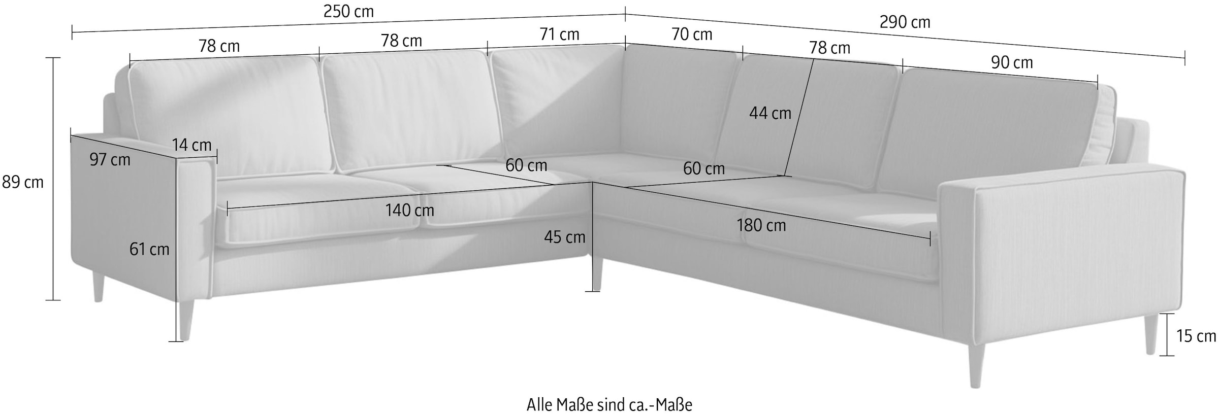 Home affaire Ecksofa »Pinto Skandi, 290 cm, Chenille, Struktur, Ottomane links / rechts« mit Keder, Massivholzfüße Eiche geräuchert, Wellenunterfederung