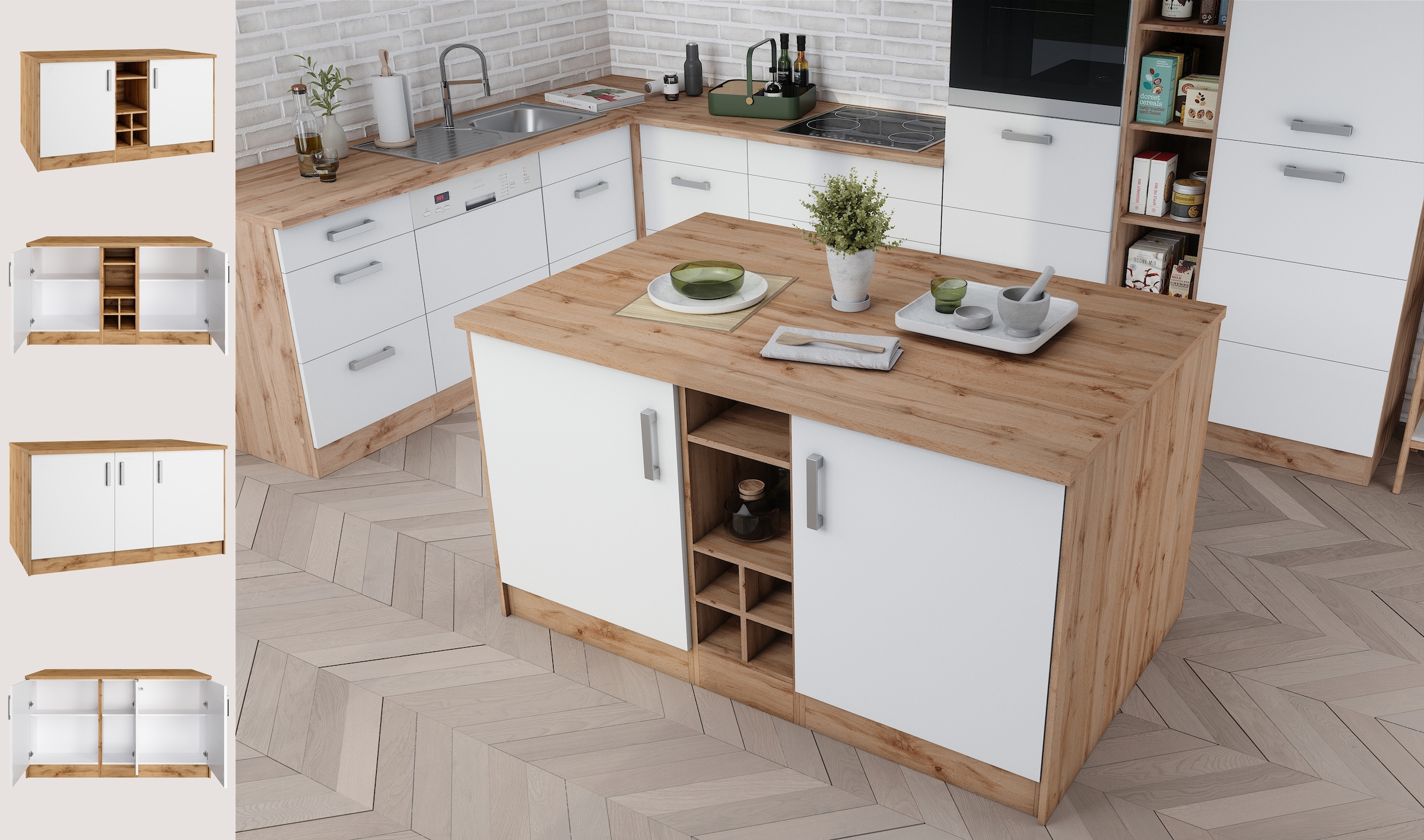 KOCHSTATION Kücheninsel »KS-Toronto«, Breite 153 cm, MDF-Fronten, Flaschenregal
