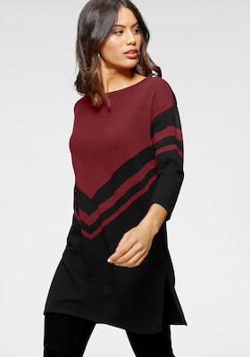 gemusterter Longpullover in Rot-Schwarz