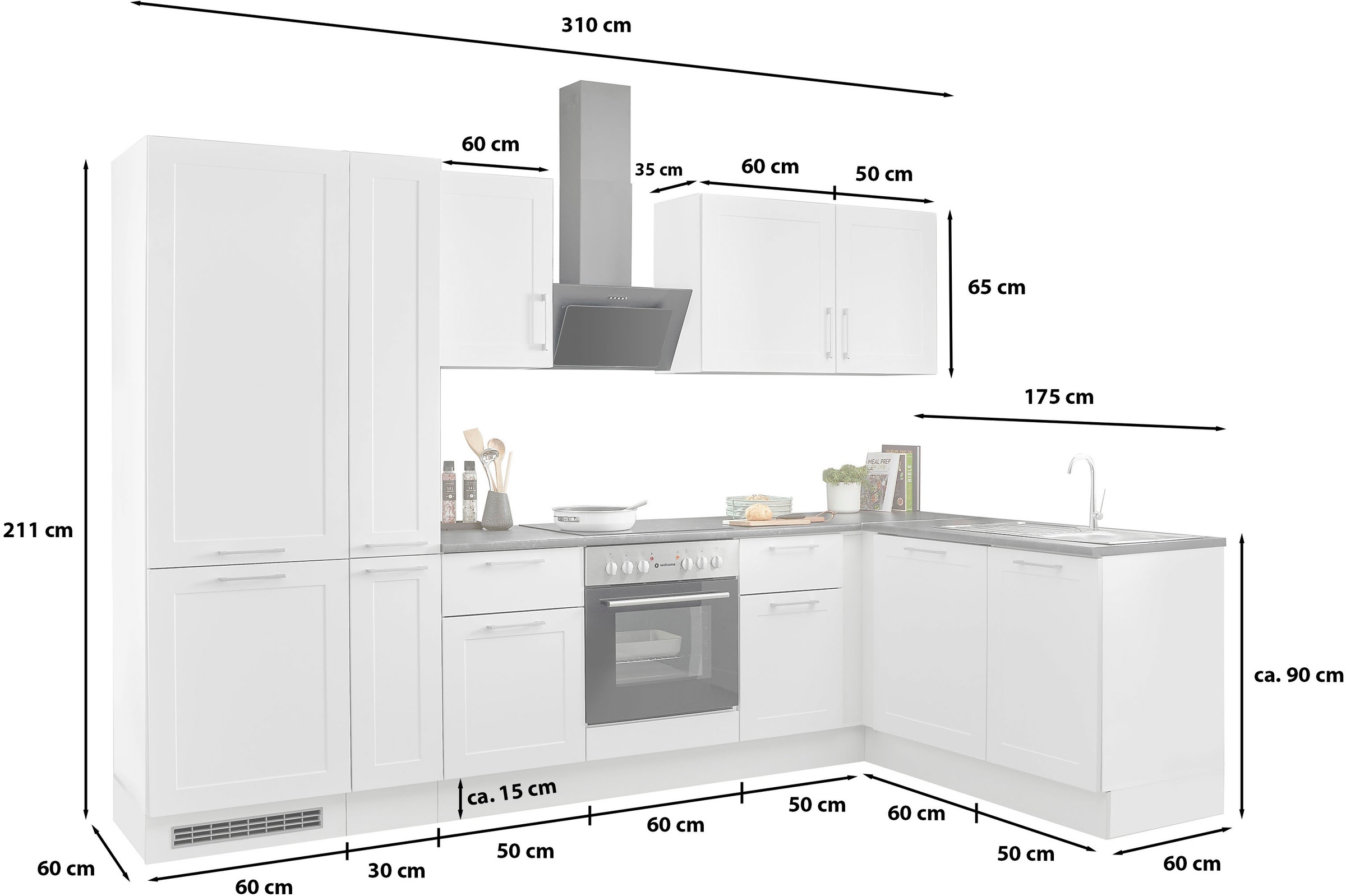 BASIC by Balculina Winkelküche »Marsi«, Stellmaße 310x175 cm, wahlweise mit E-Geräten, mit Soft-Close-Funktion