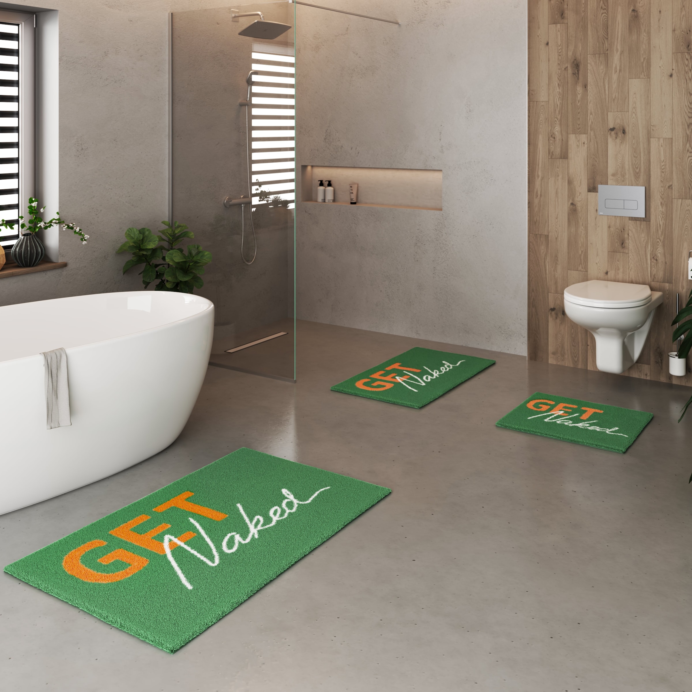 OTTO home Badematte »Get Naked, modern, Badvorleger, Badezimmer Teppich« Höhe 20 mm rutschhemmend beschichtet schnell trocknend Badteppich, mit Schriftzug, 2 Varianten, rechteckig