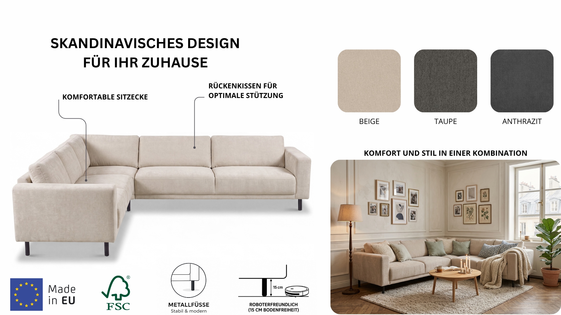 OTTO home Ecksofa »Sveeva, L-Form, B.288 cm, schwarze Metallfüße« langlebiger Strukturstoff, mit Wellenunterfederung, viele Farben