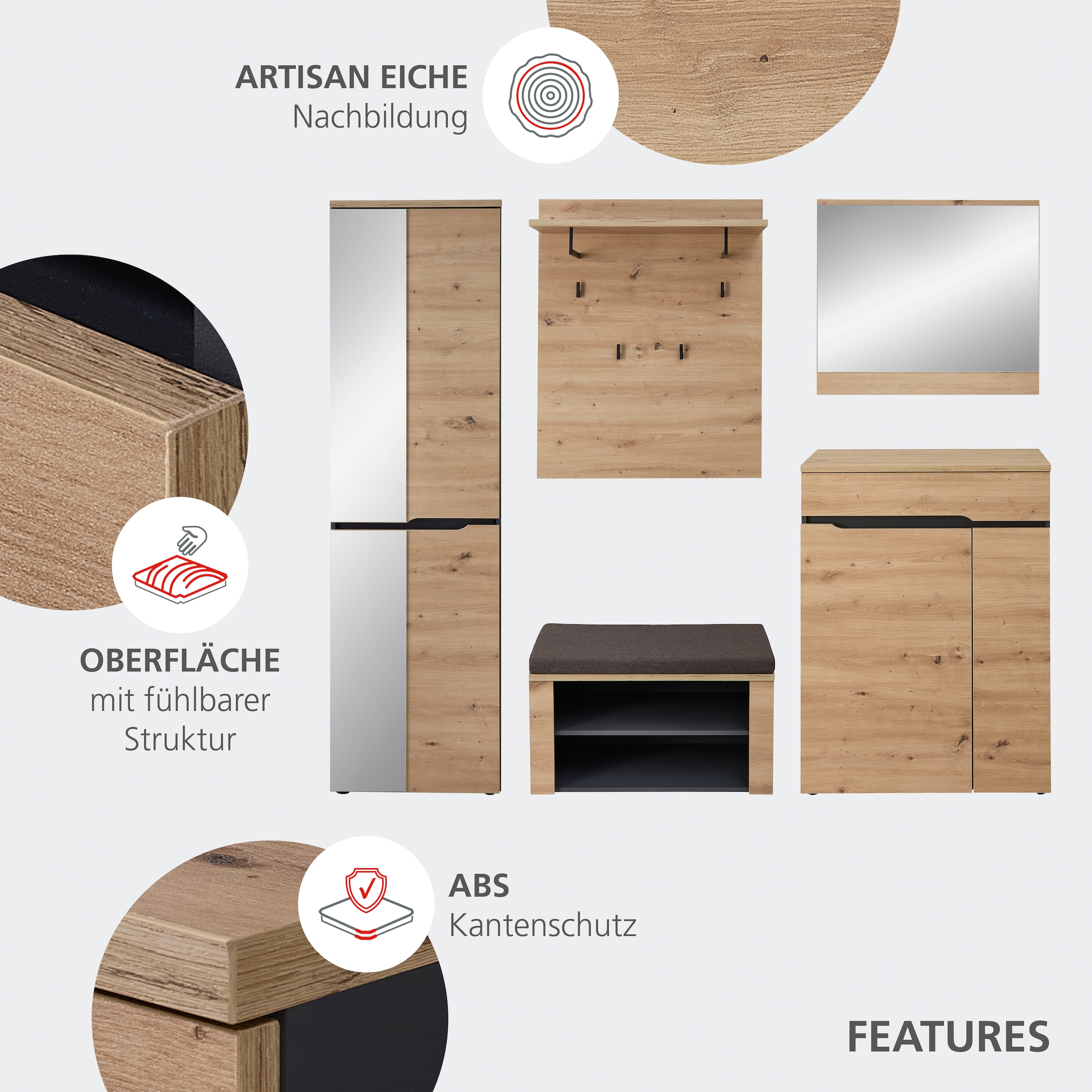 OTTO home Garderobenschrank »Fargo Garderobenschrank, 55/192/38 (B/H/T cm)« 1 Stk. tlg. 4 türig, Spiegel, Softclose, Kleiderstange