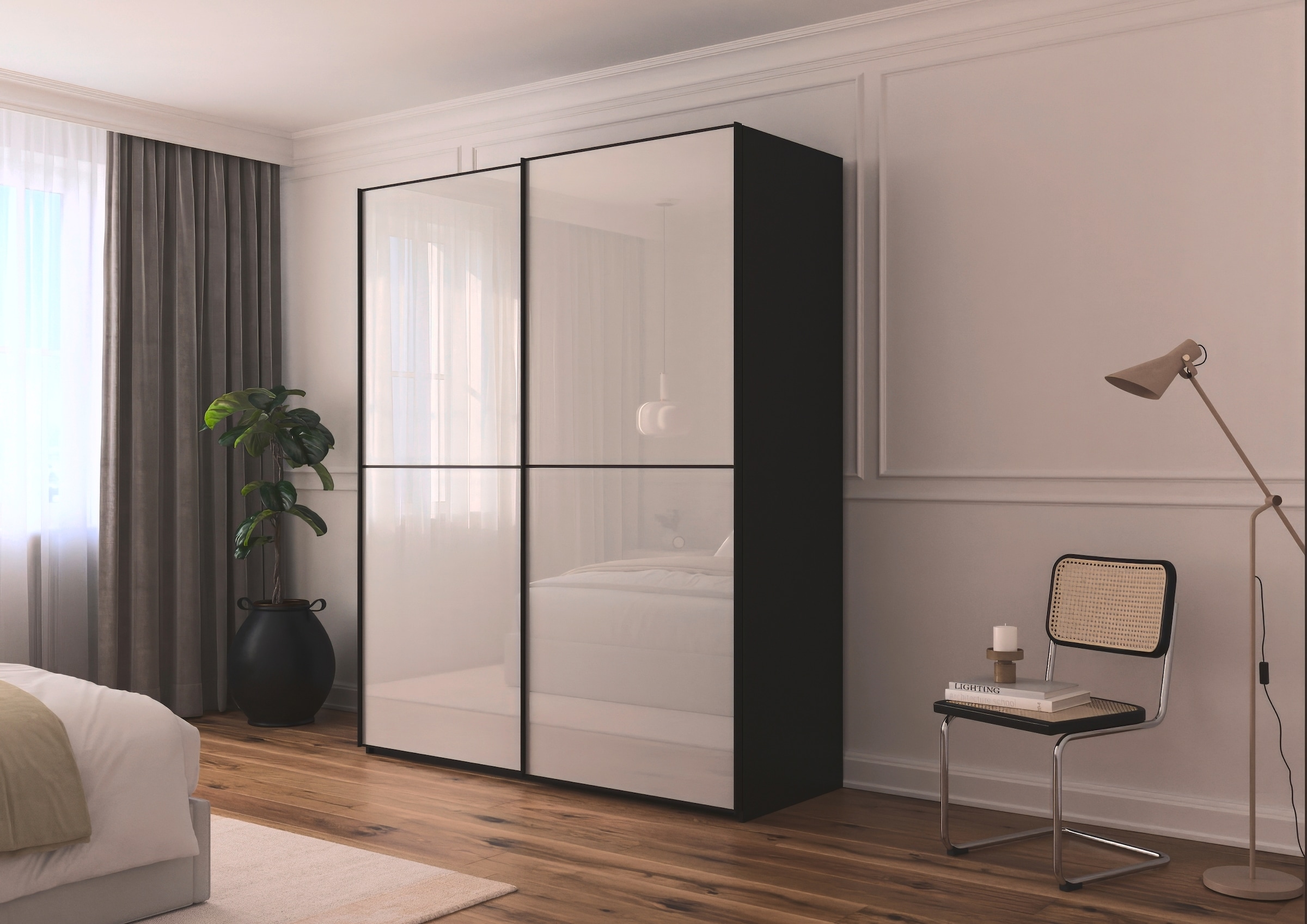 rauch Schwebetürenschrank »Kleiderschrank Schrank Garderobe Schlafzimmerschrank SCALE-DUO«, edle zweigeteilte Türen Glas-Front mit 3 Zierleisten MADE IN GERMANY