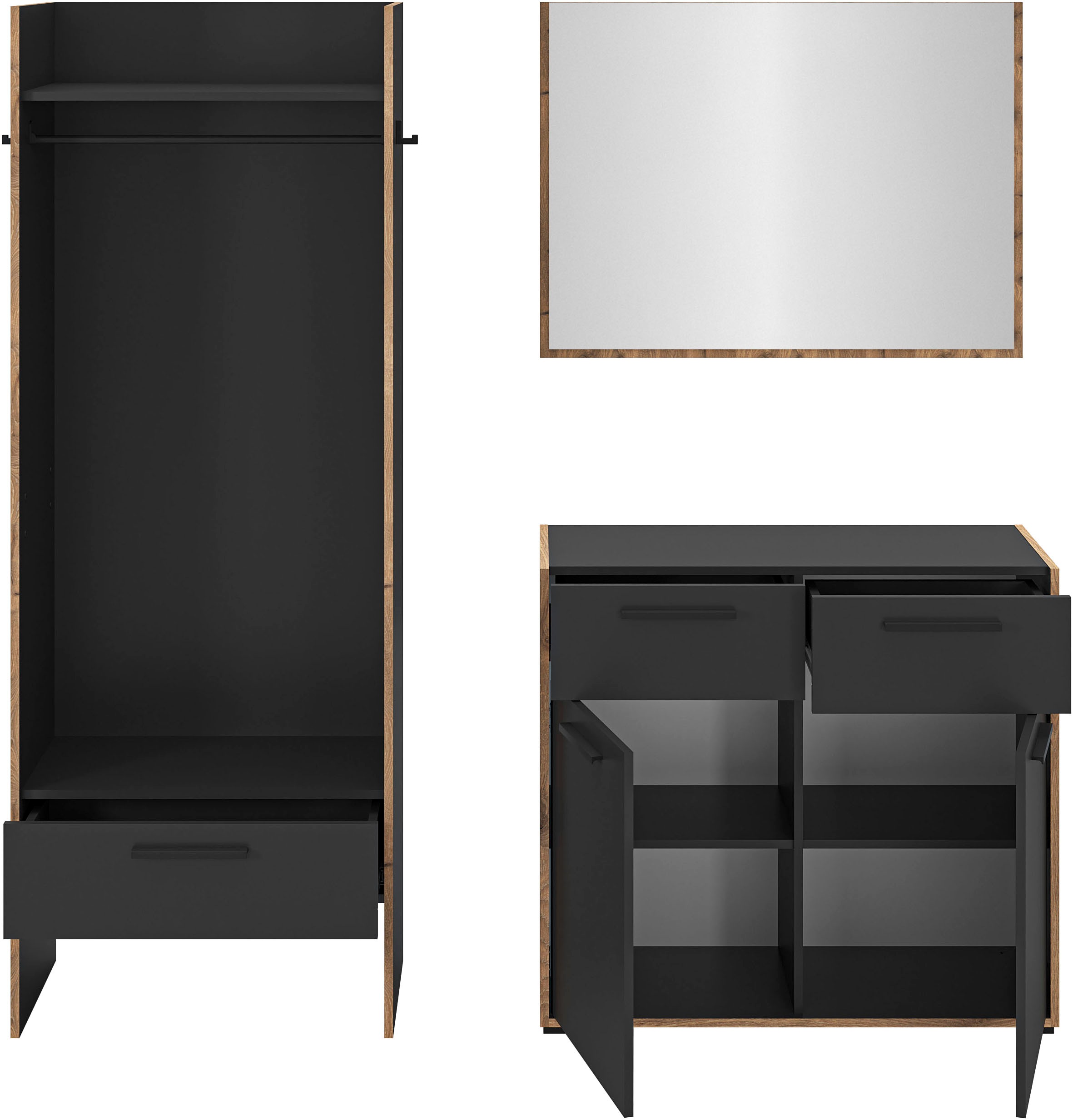 INOSIGN Garderoben-Set »MUSTA, 3-teilig: Garderobenschrank, Kommode & Garderobenspiegel«