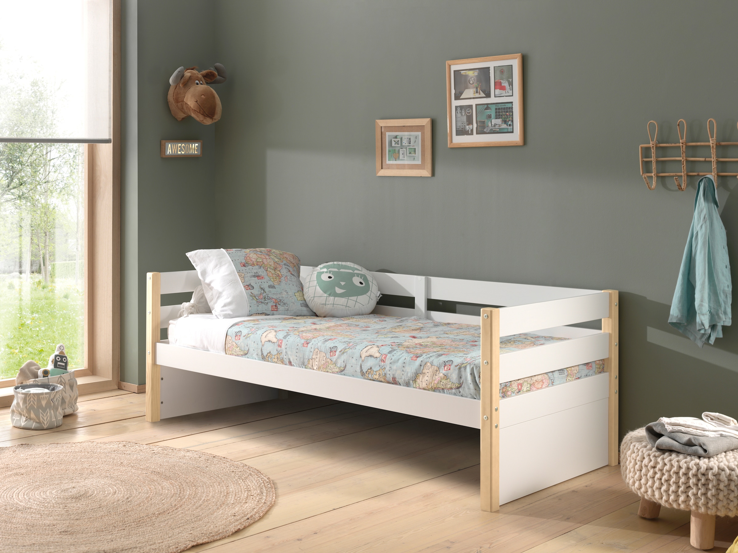 Vipack Einzelbett, (Made in Europe), Kojenbett mit seitlichem Umbau und Bettpfosten, Liegefläche 90 x 200cm