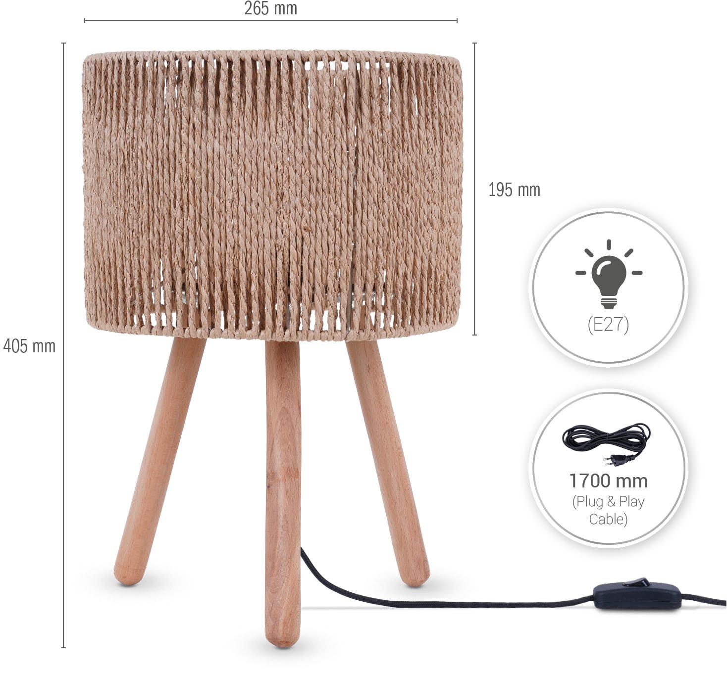 Paco Home Tischleuchte »PITA«, Leuchtmittel E27 | ohne Leuchtmittel, Nacht Schreib Lampenschirm Boho Holz Stativ E27