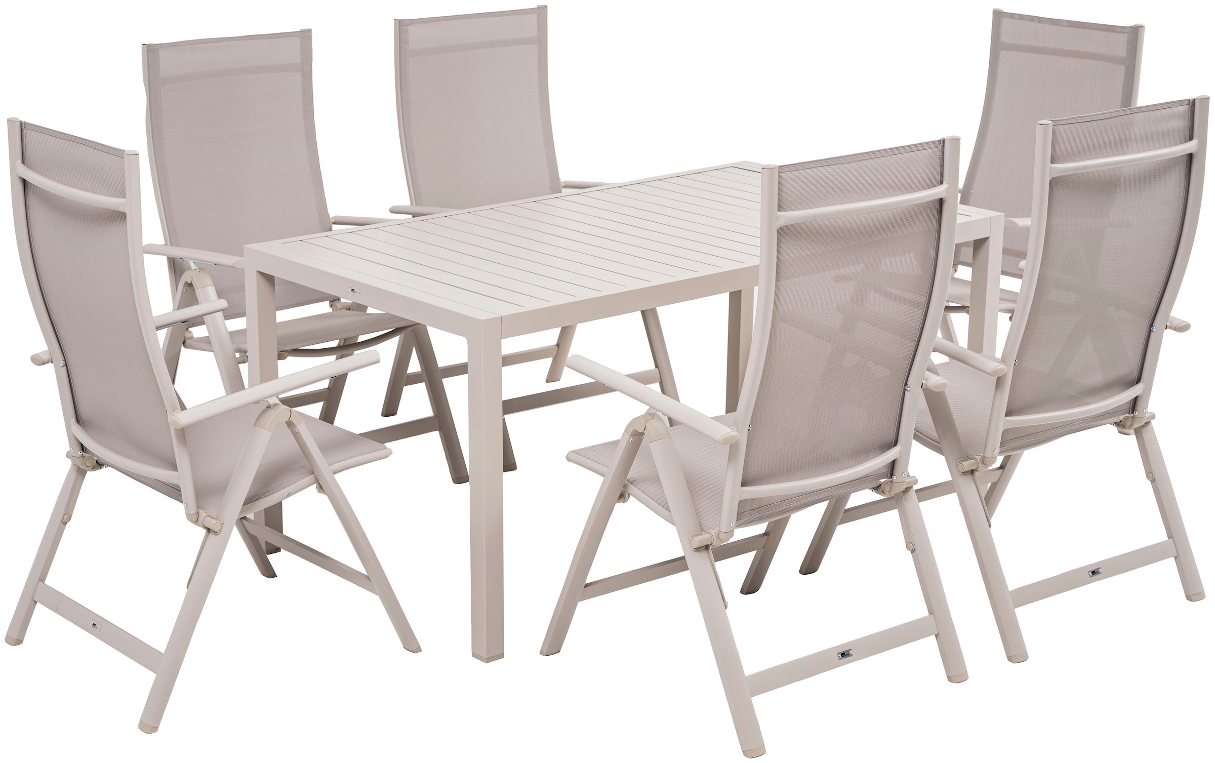 KONIFERA Garten-Essgruppe »Messina«, (Set, 7 tlg., 6x Sessel, 1x Tisch 160x90x74 cm, Aluminium, Textilgewebe), klappbar, 7-fach verstellbare Rückenlehne, Tischplatte aus Alulatten