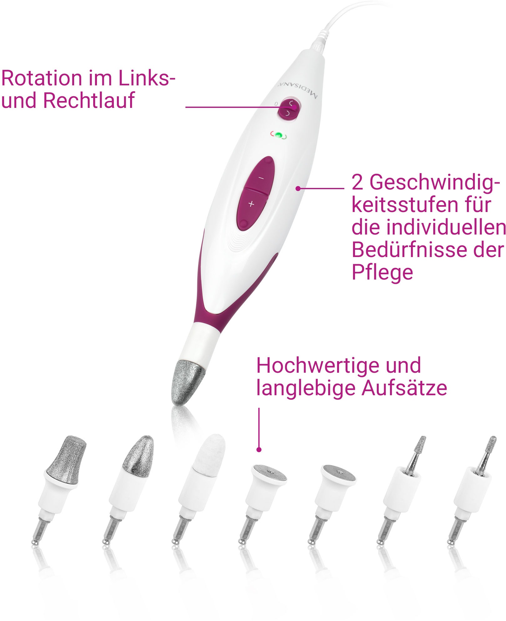 Medisana Maniküre-Pediküre-Set »MP 815«, für Nägel, Nagelhaut u. Hornhaut, 2 Stufen, Links-/Rechtslauf,Aufsätze