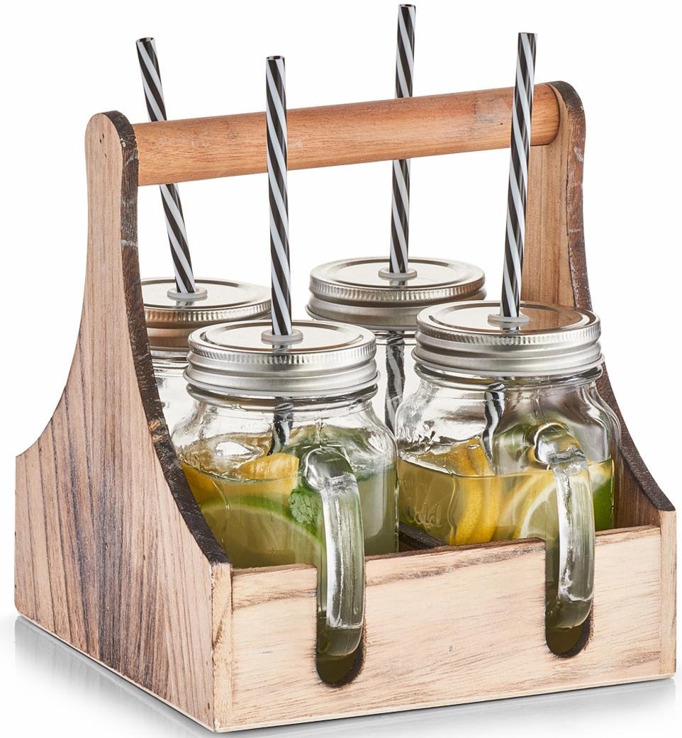 Zeller Present Gläser-Set, (Set, 5 tlg., je 4 Gläser mit Schraubdeckel und Trinkhalmen), in praktischer Holzkiste zum Tragen