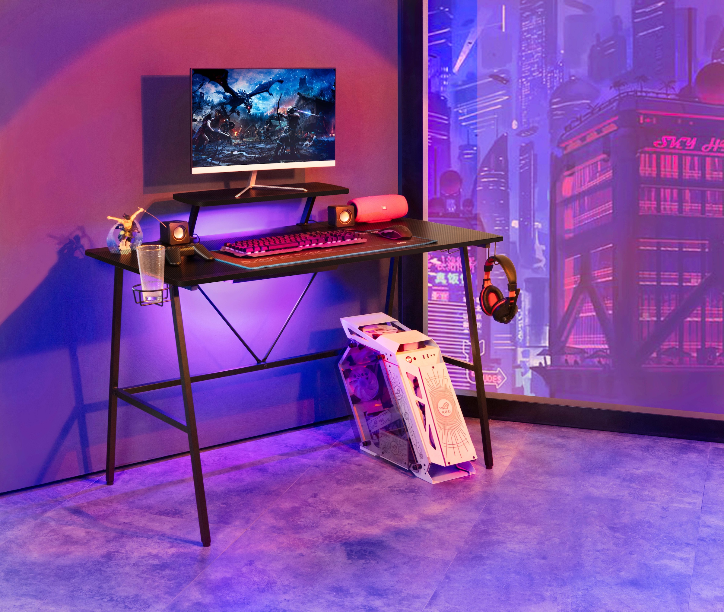 INOSIGN Gamingtisch »STREAKY, Schreibtisch, Computertisch, Kabeldurchlass, 2 Kopfhörerhaken«,Getränkehalter, Monitoraufsatz, Kabelführung, Breite 120 cm