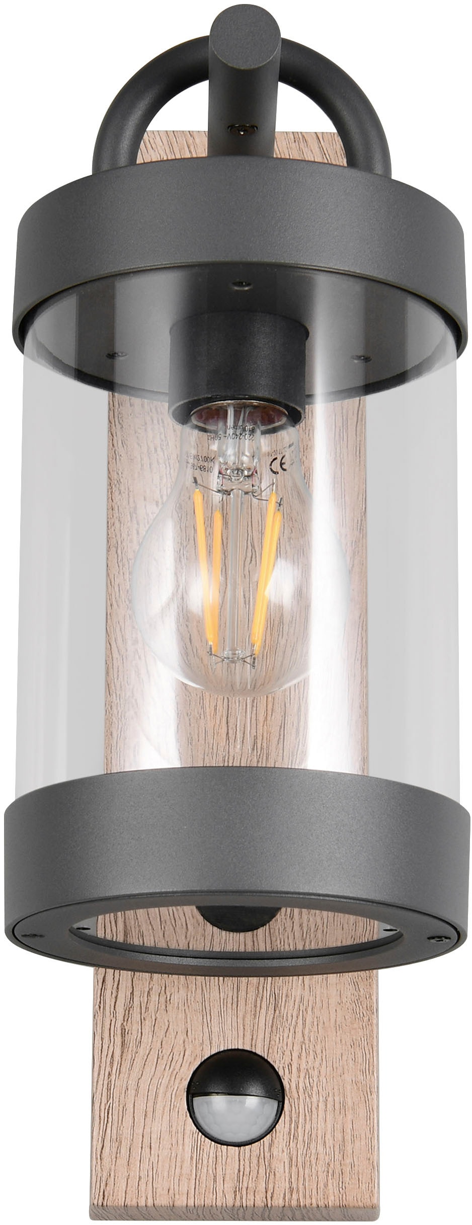 TRIO Leuchten Außen-Wandleuchte »SAMBESI, Laternen Optik Hauswand, exkl 1x E27 max 28W Bewegungsmelder« E27 1 Stk. warmweiß - kaltweiß Fassadenbeleuchtung aus Alu Druckguss, Rückenplatte Holz Nachbildung