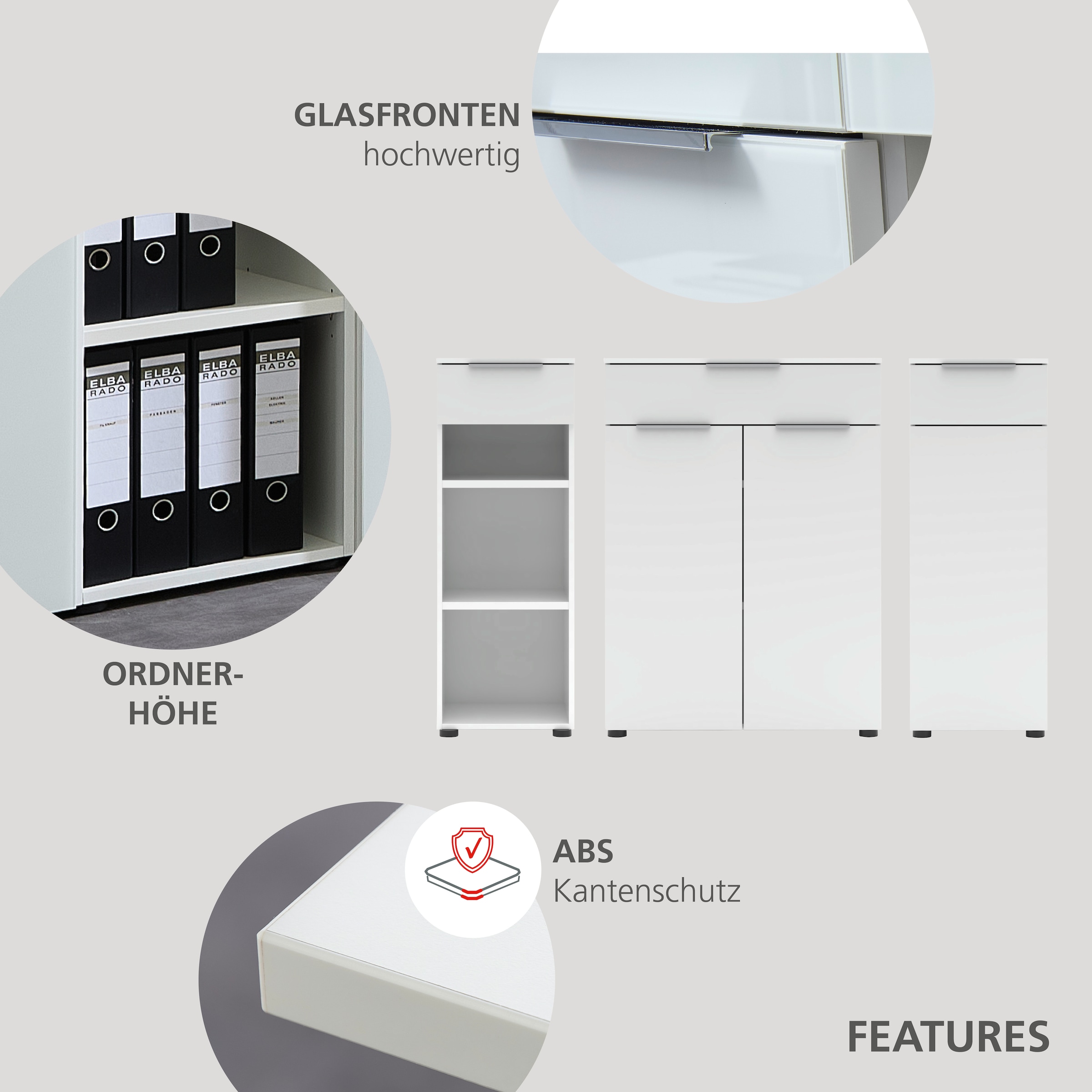 Innostyle Aktenschrank »Büroschrank Santorin, 80/110/38 cm ( B/H/T)« 1 Stk. tlg. 2 türig, 1 Schubkasten, Softclose, Klarglas, ABS Schutzkante