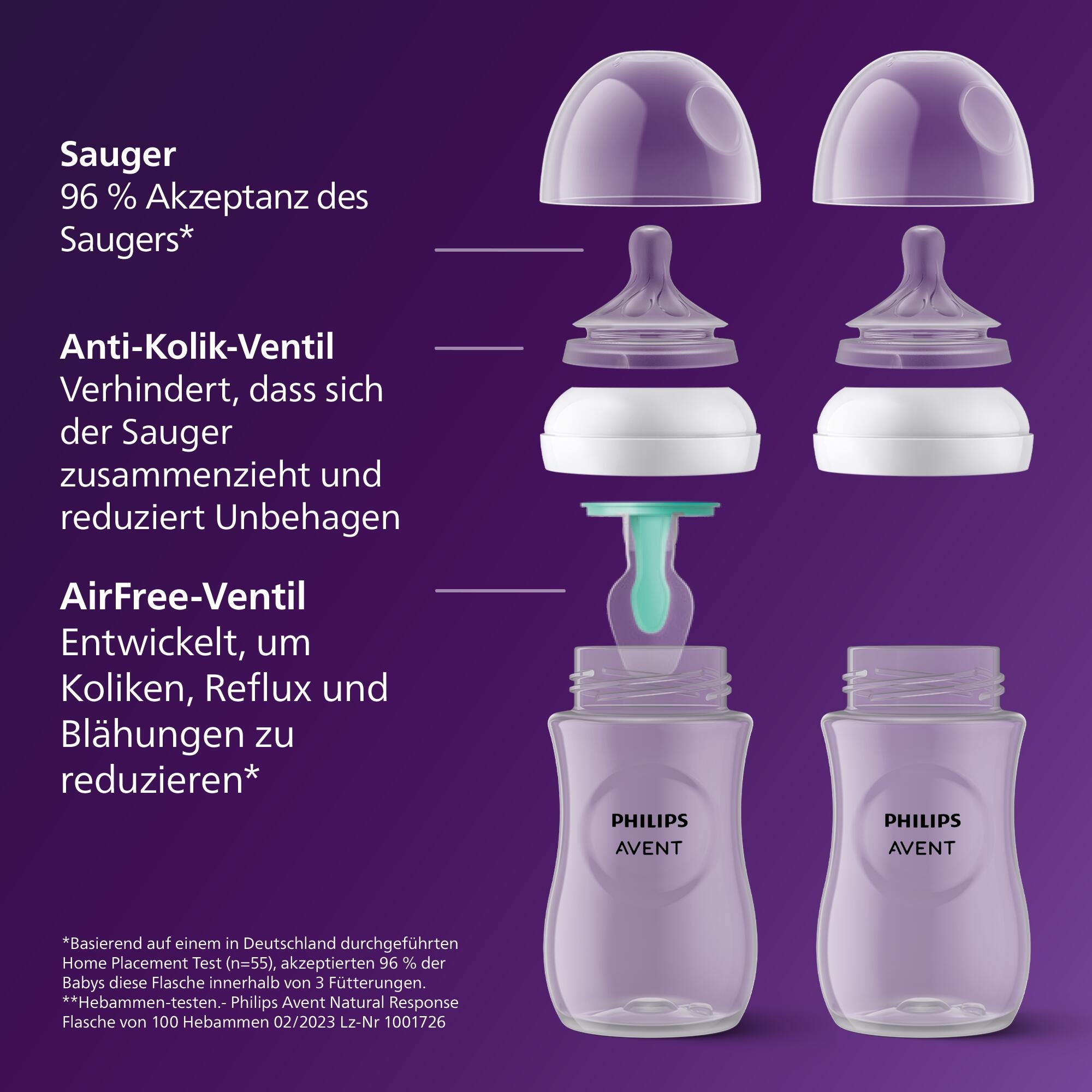 Philips AVENT Babyflasche »Natural Response Flaschen-Set Air-Free Ventil SCD657/11« 4 Flaschen mit AirFree-Ventil, ultra soft Schnuller, Flaschenbürste
