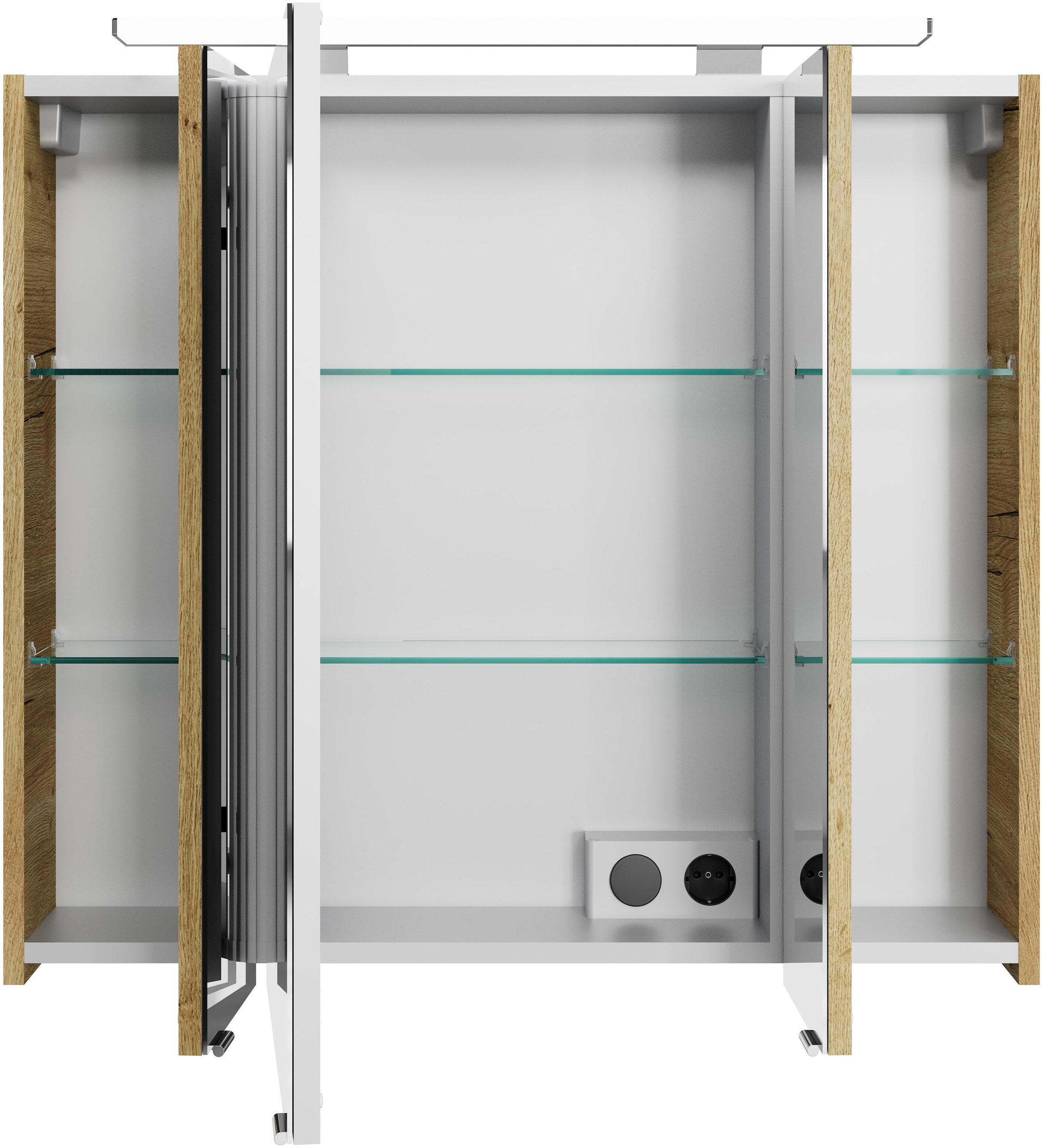 Saphir Badezimmerspiegelschrank »Serie 4010 Badezimmer-Spiegelschrank inkl. LED-Aufsatzleuchte«, Badschrank 80 cm breit, 3 Türen, 6 Glas-Einlegeböden, inkl Türdämpfer