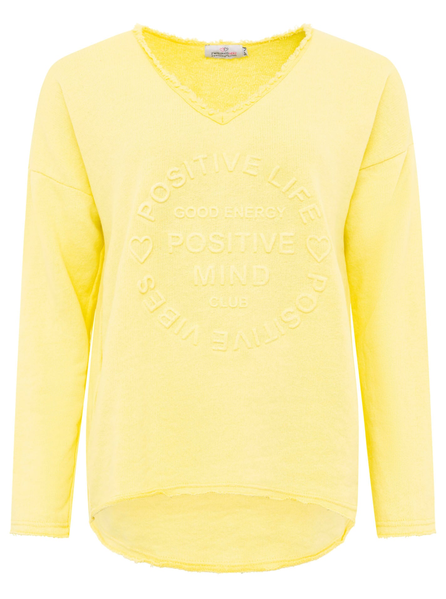Zwillingsherz Sweatshirt »"Positive Mind"«, ausgefranster V-Ausschnitt, Used Look, Langarm, Schriftzug