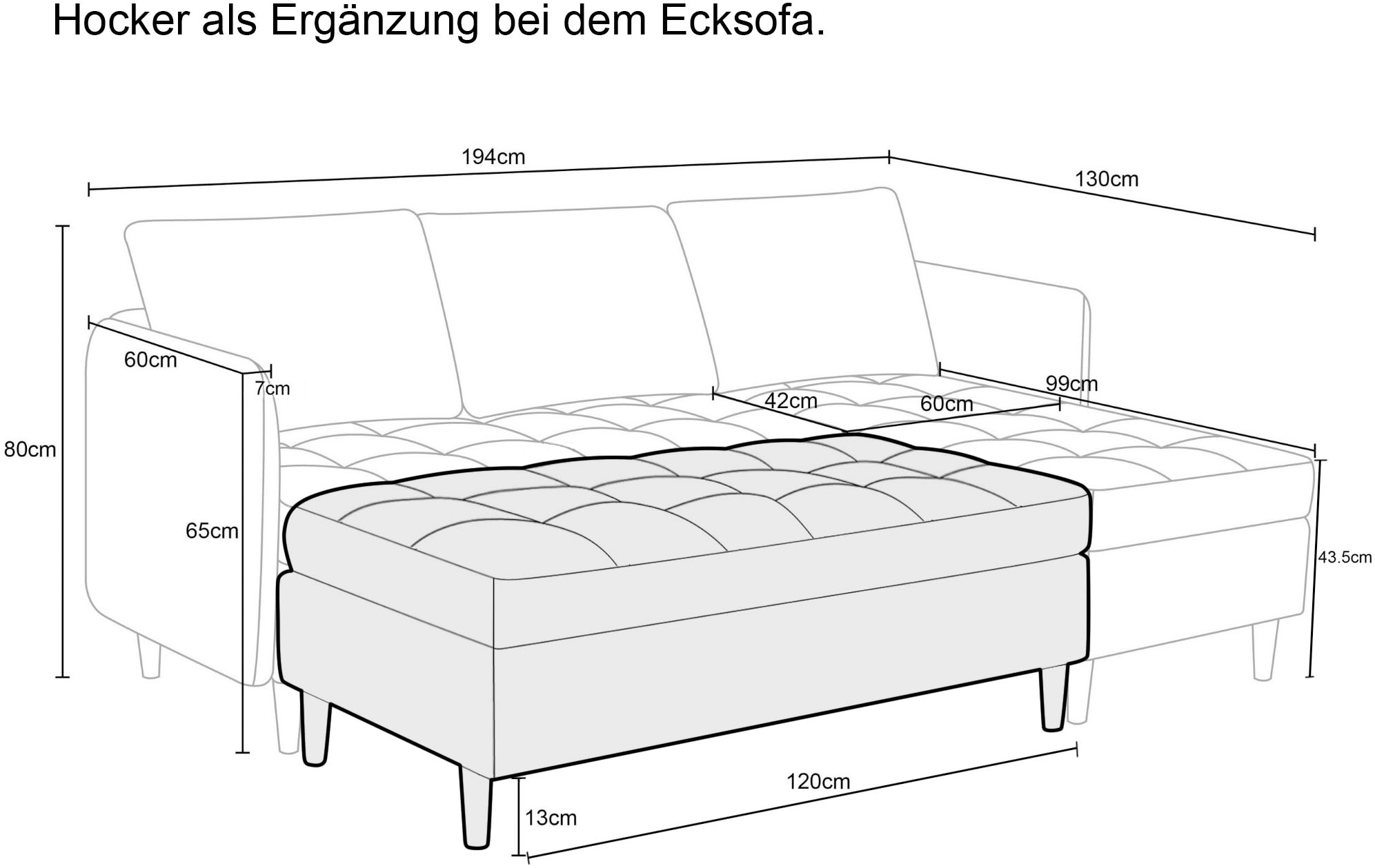 Dorel Home Hocker »LINDHUS, Modul für die Lindhus-Sofas- Breite 120 cm« verlängert das Sofa zum Schlafsofa, Cord und Chenille-Bezug