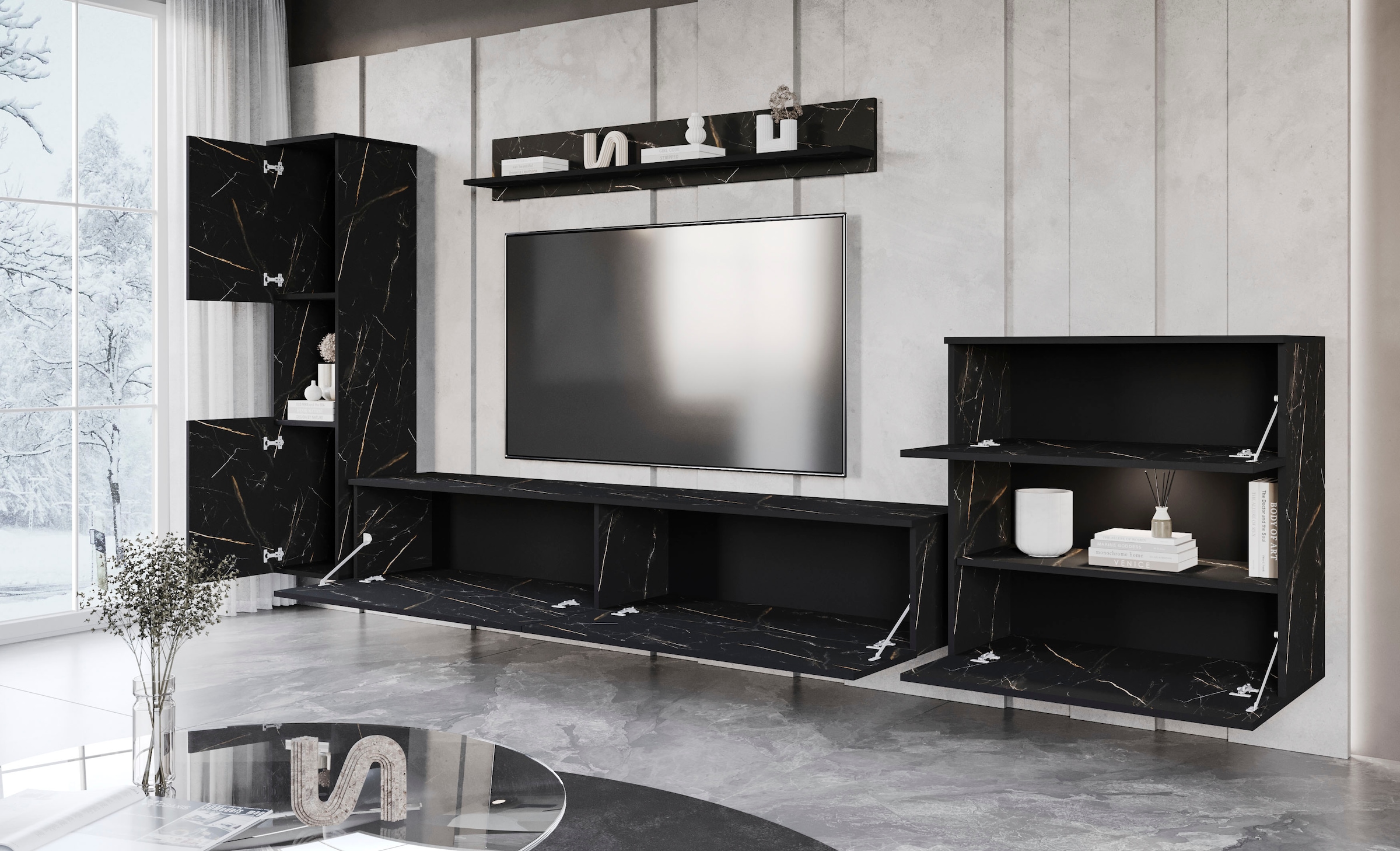 INOSIGN Wohnwand »PARIS«, (Komplett-Set, 4 St.), TV-Wand 300cm breite, grifflose Design, stehend und hängend montierbar