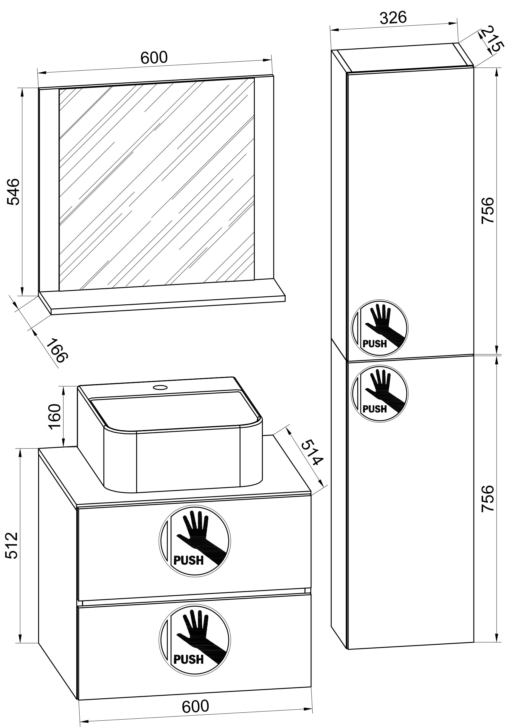 VCM Waschbeckenunterschrank »VCM 4-tlg. Waschplatz Waschtisch Badmöbel Set Waschbecken Lendas-BL Breite 60 cm L Schublade«, (4 St.)