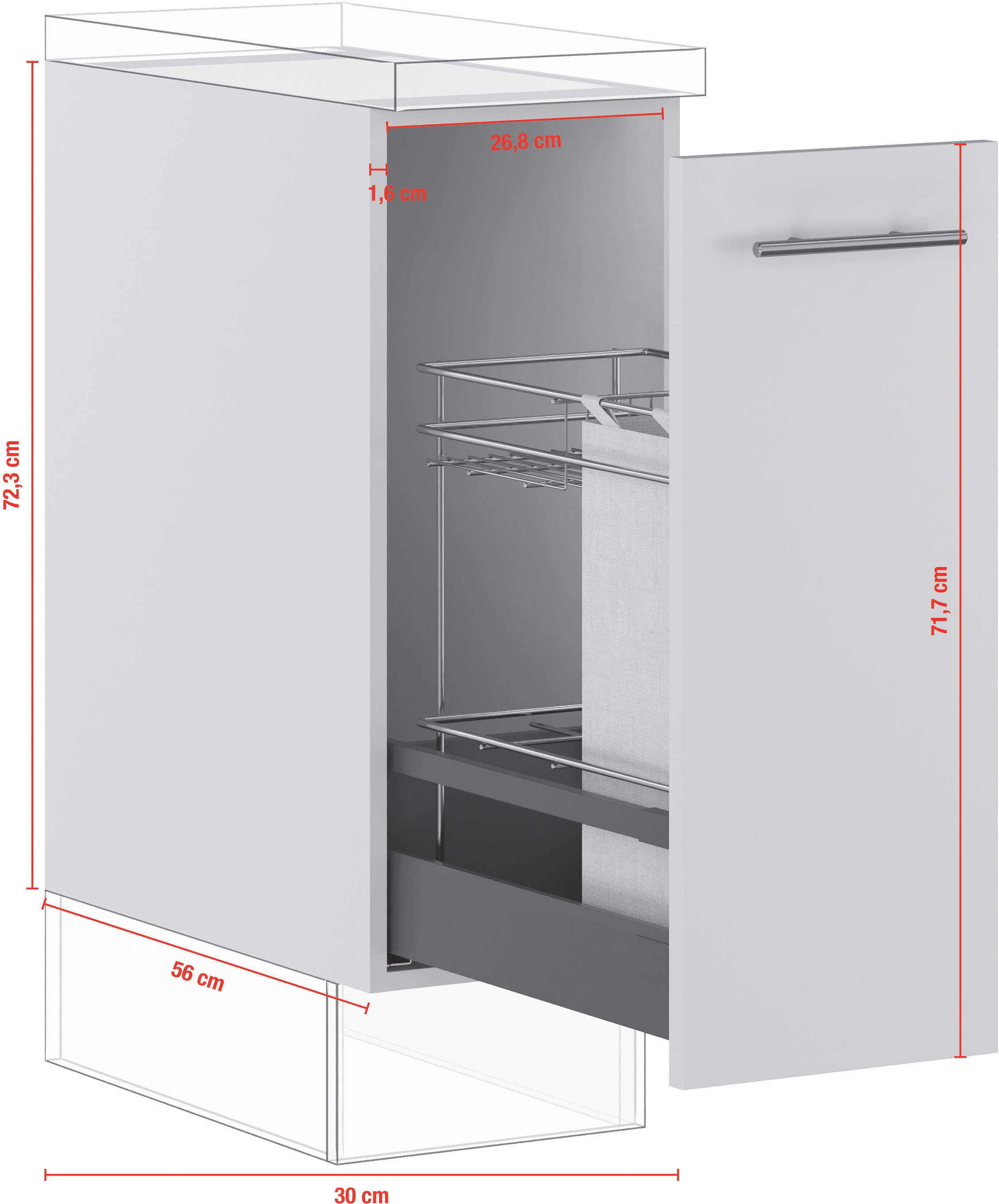 IMPULS KÜCHEN Auszugsunterschrank »"Turin", Breite/Höhe: 30/72,3 cm, mit Soft-Close«, vormontiert, mit Auszug, mit Tasche für Baguettes, mit Korbeinsatz