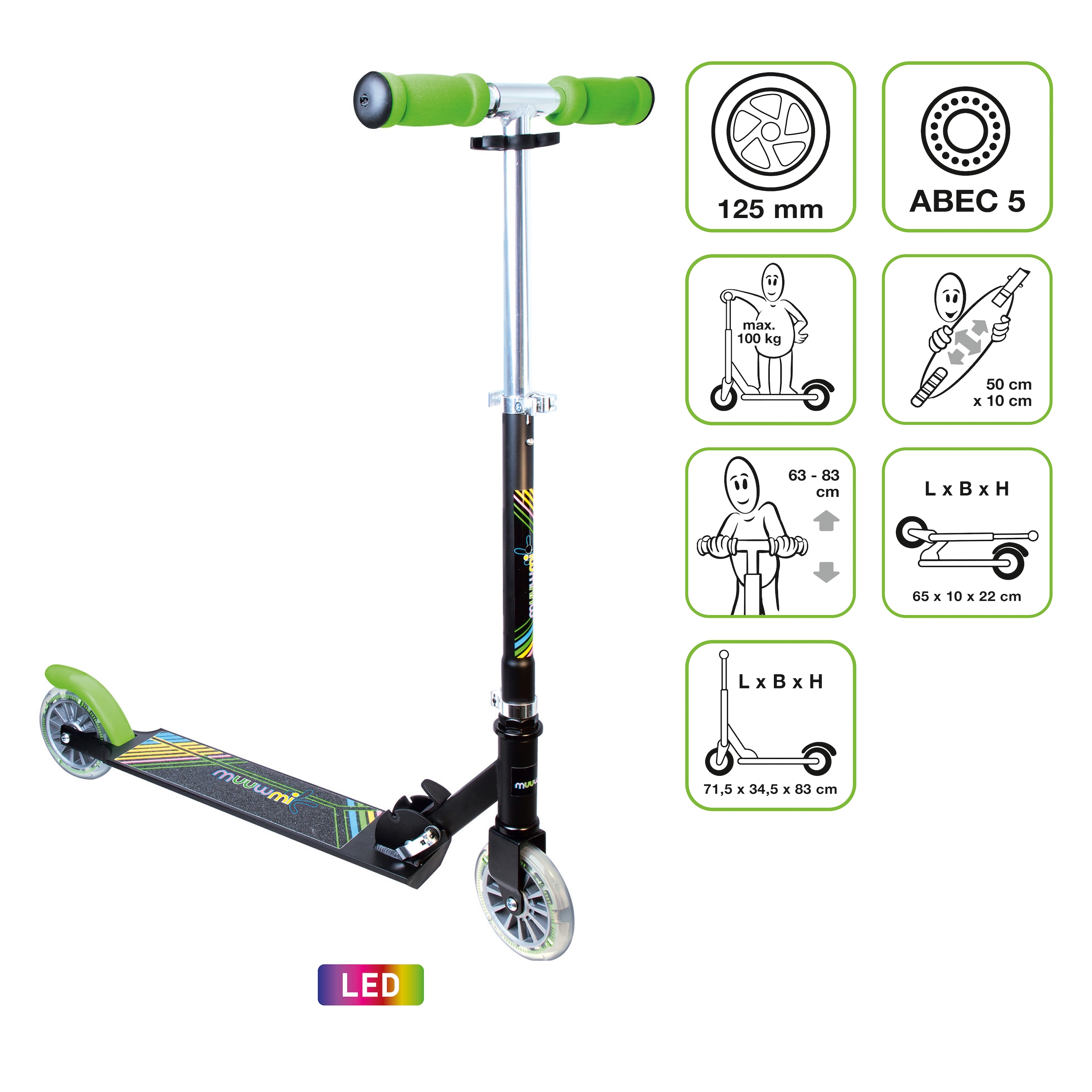 Muuwmi Scooter »Aluminium Scooter 125 mm mit Leuchtrollen«