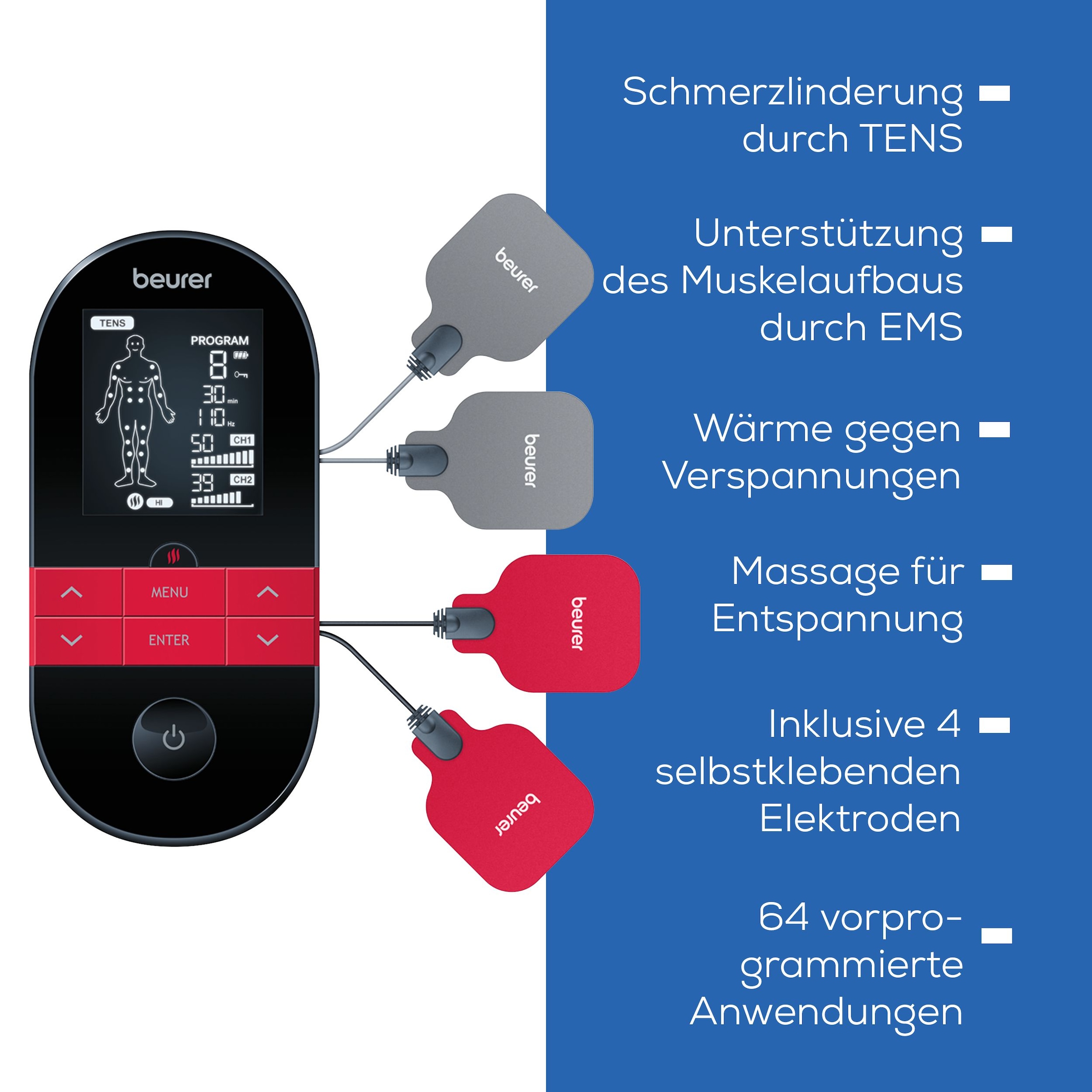 BEURER TENS-EMS-Gerät »EM 59, Reizstromgerät mit Wärmefunktion, 4 selbstklebende Elektroden«, 3-in-1: TENS (Schmerzlinderung), EMS (Muskelstimulation) und Massage