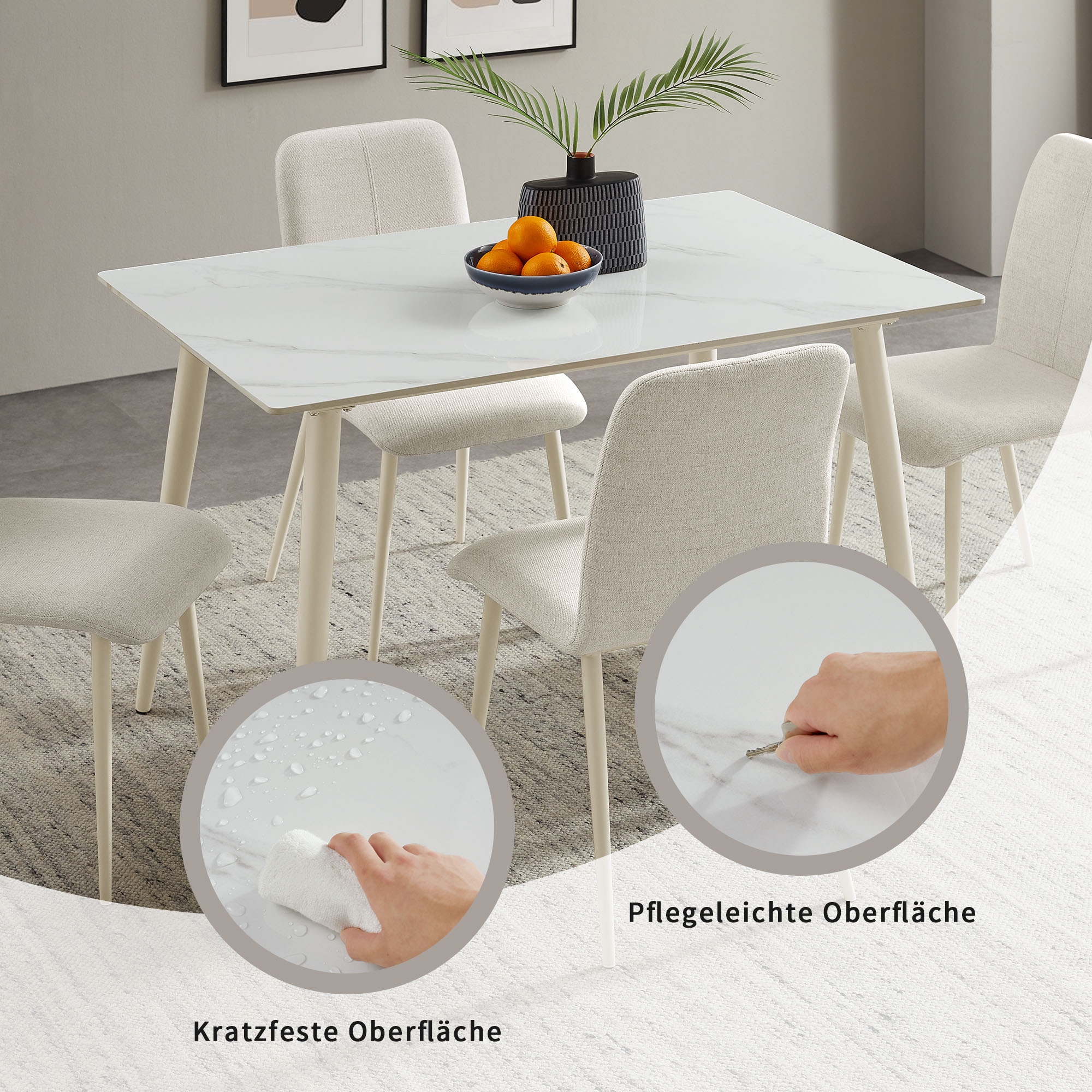 OTTO home Essgruppe »Kryce« Set, 120 cm Esstisch + 2 Stühle + Bank, 4 Stk. tlg. Strukturstoff, robustem Metallgestell, Tischplatte aus Sinterstein