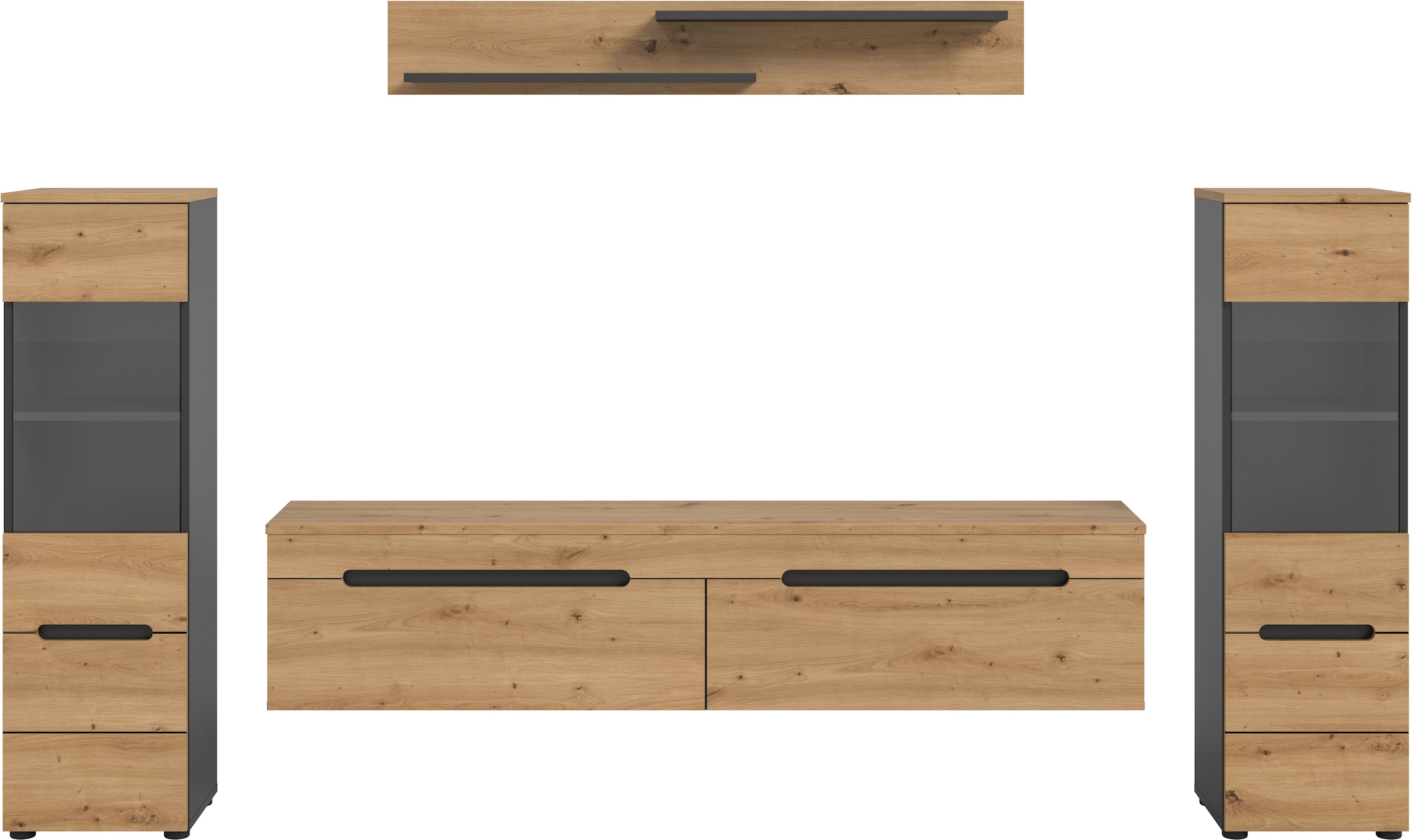 INOSIGN Wohnwand »REHAT, TOPSELLER!, 4-teilig, wahlweise stehend und hängend montierbar« Set bestehend aus: 2x Vitrine, Lowboard und Wandboard, 3 Stk. tlg.