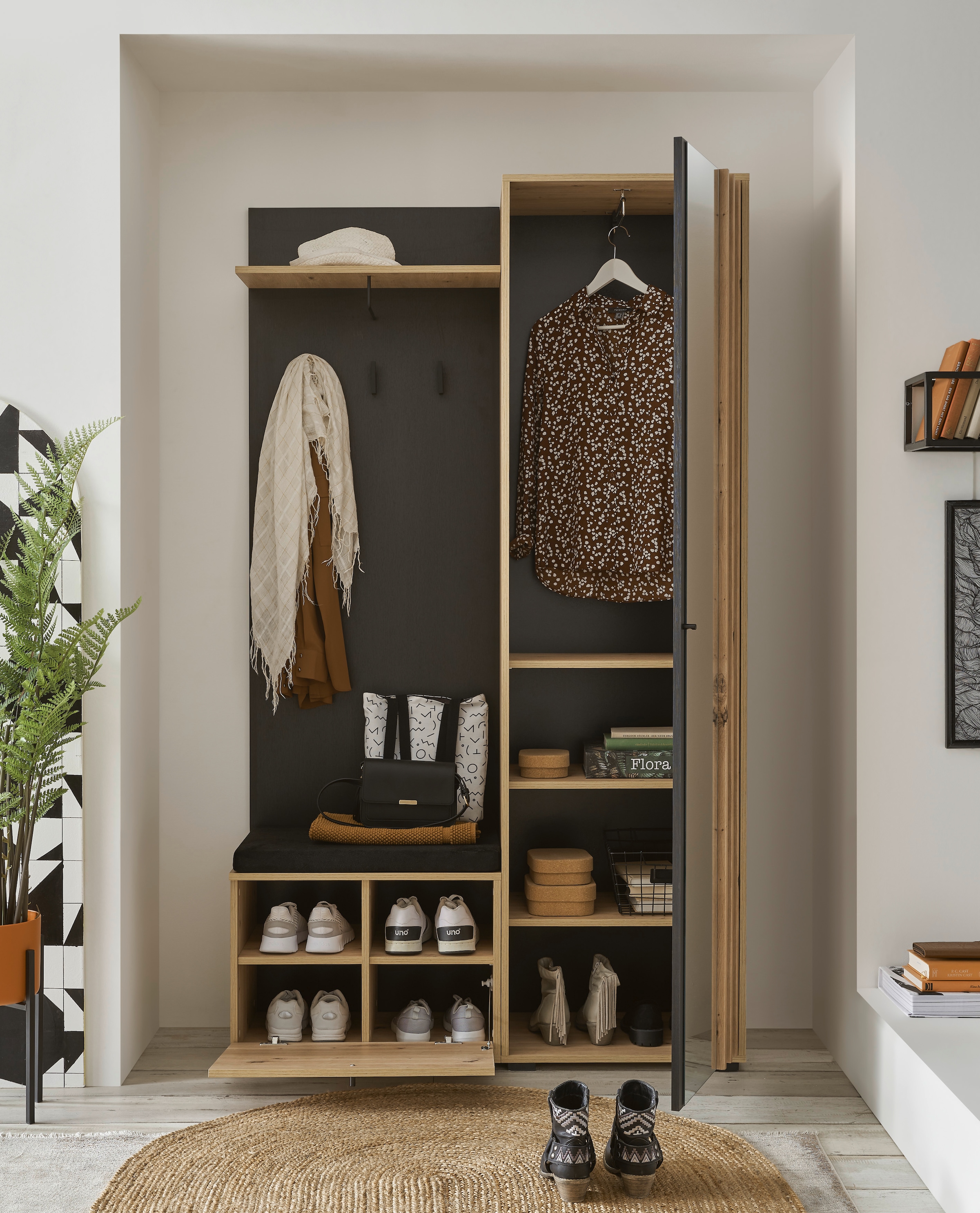 HBZ Kompaktgarderobe »Volano«, (1 St.), schwarz Eiche Artisan, Garderobe mit Spiegelement