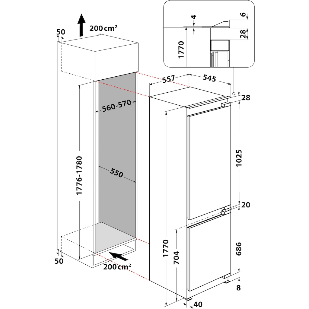 BAUKNECHT Einbaukühlgefrierkombination »KGIL 180F2 P«, KGIL 180F2 P, 177 cm hoch, 55,7 cm breit