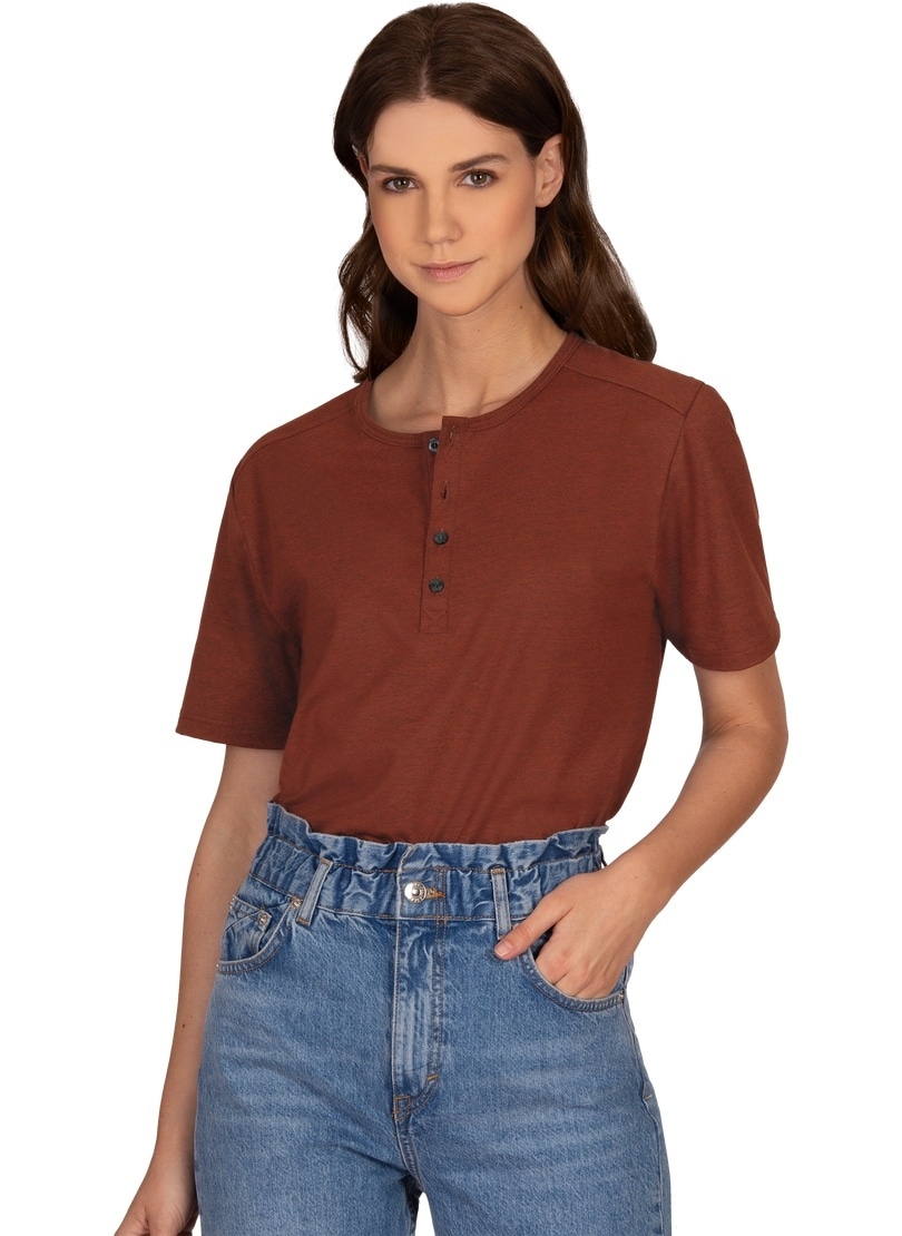 Trigema Damen T-Shirt »TRIGEMA T-Shirt mit Knopfleiste DELUXE Baumwolle« 1 Stk. tlg. in braun, Größe S