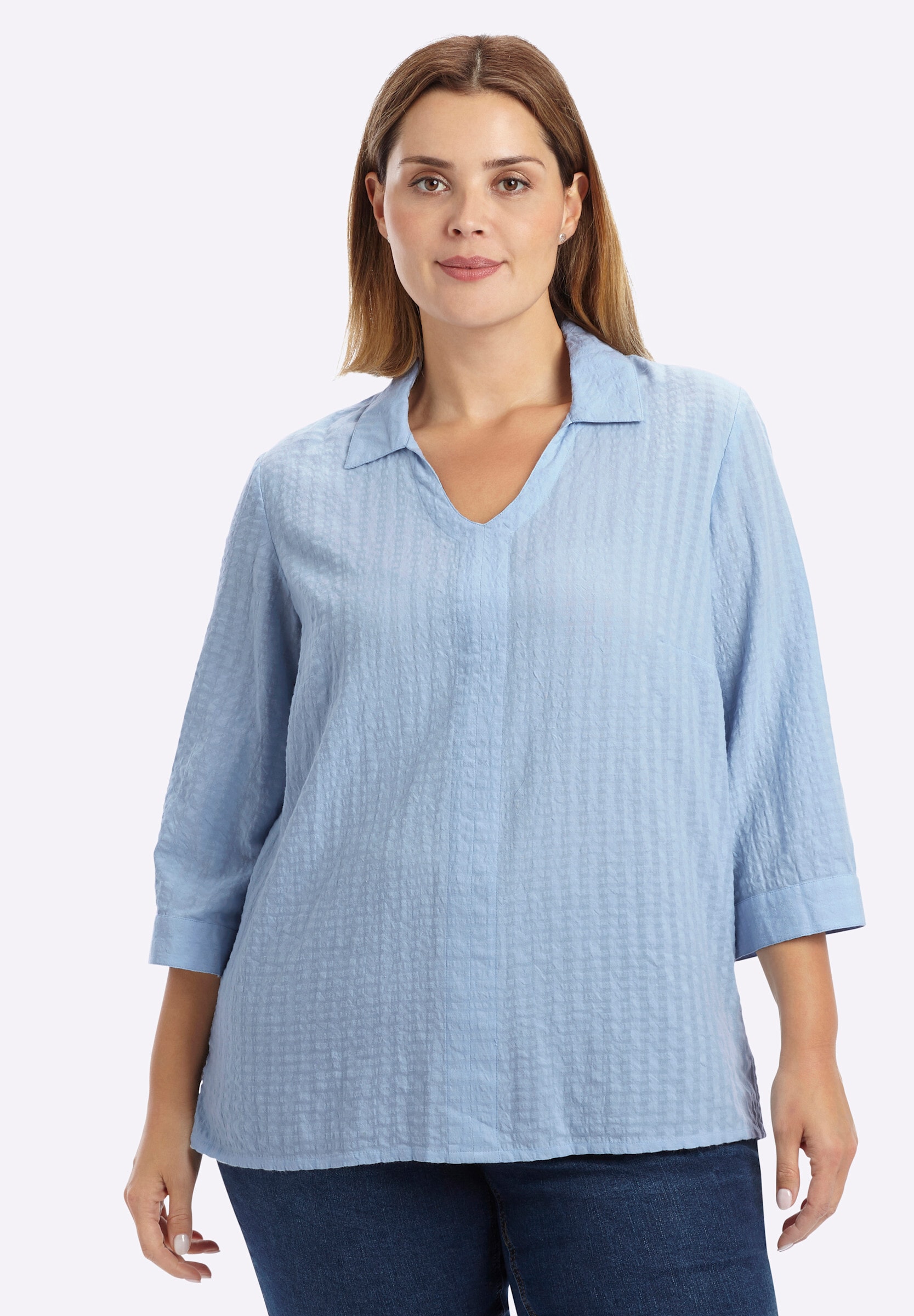 Sheego Longbluse »Tunika Tunika mit Hemdkragen, in Seersucker-Qualität«