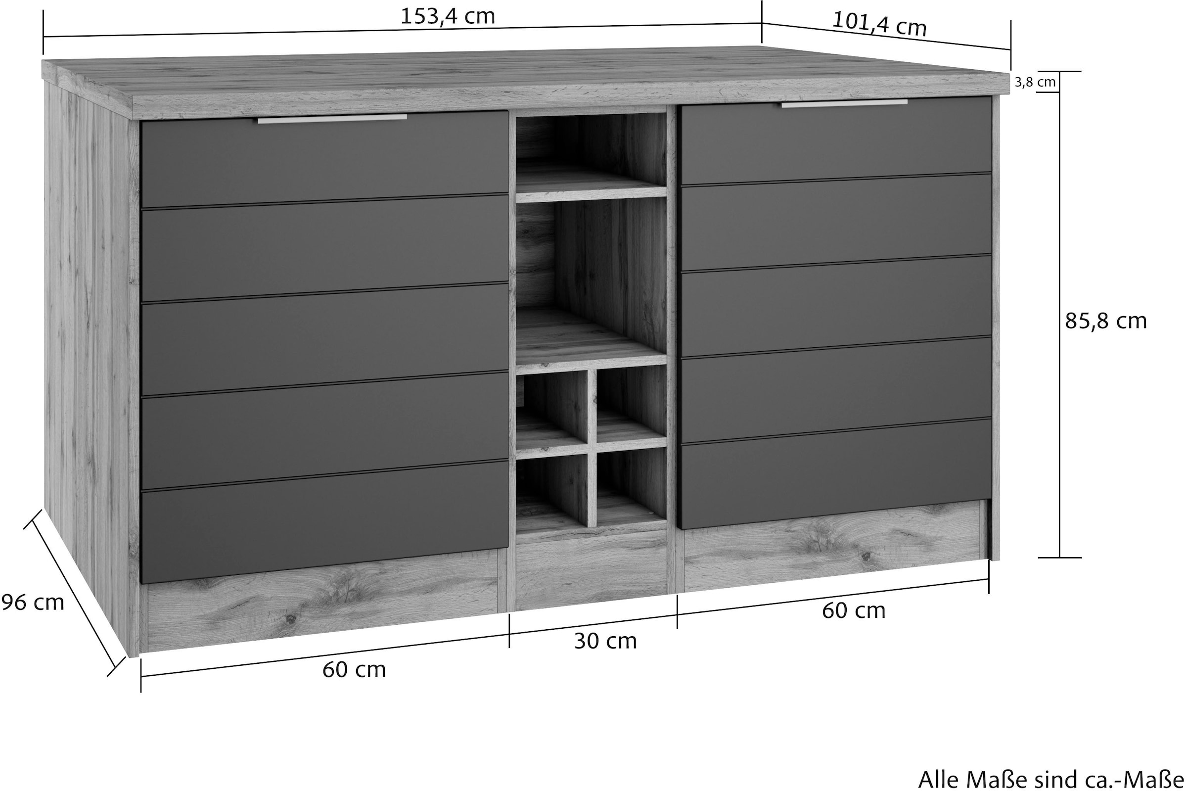 KOCHSTATION Kücheninsel »KS-Luhe, Breite 153 cm, mit Flaschenregal« MDF-Fronten, Arbeitsplatte 38mm stark