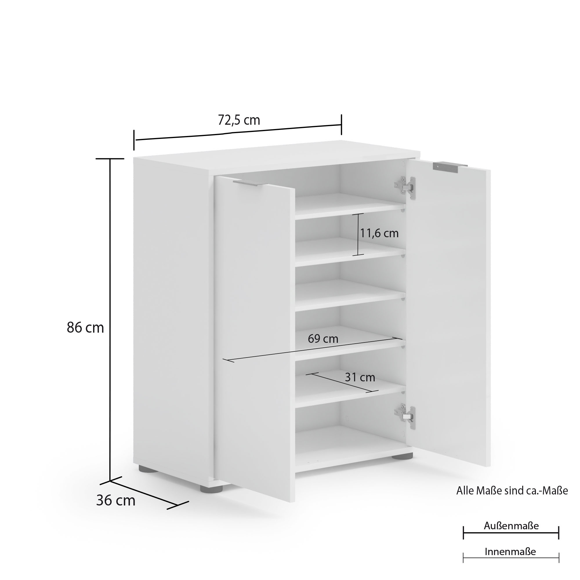 INOSIGN Schuhschrank »Jolly,Schuhkommode,Schuhmöbel,Schuhablage,Schuhregal«, Breite 72,5 cm, Höhe 86 cm, 2 Türen, 6 Fächer, hochglanz, Alu Griff