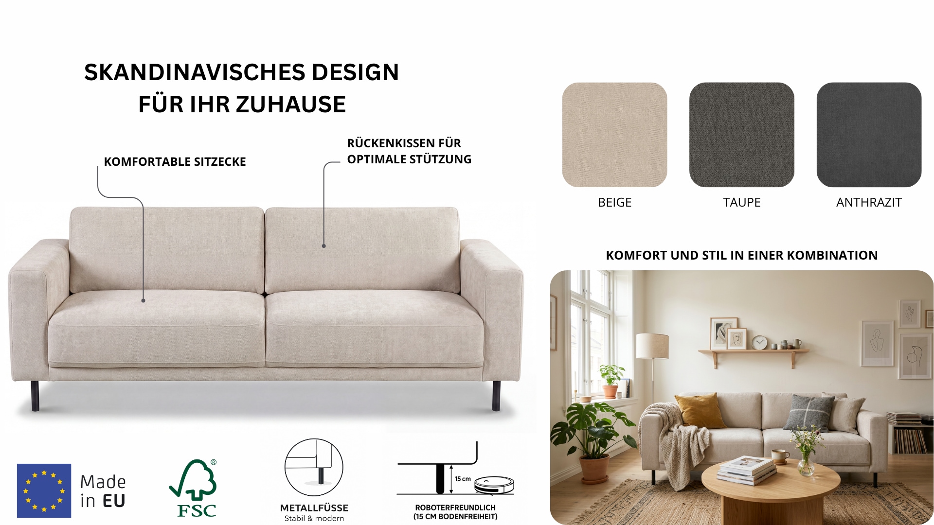OTTO home 3-Sitzer »Sveeva, B.214 cm, schwarze Metallfüße« langlebiger Webstoff, mit Wellenunterfederung, viele Farben