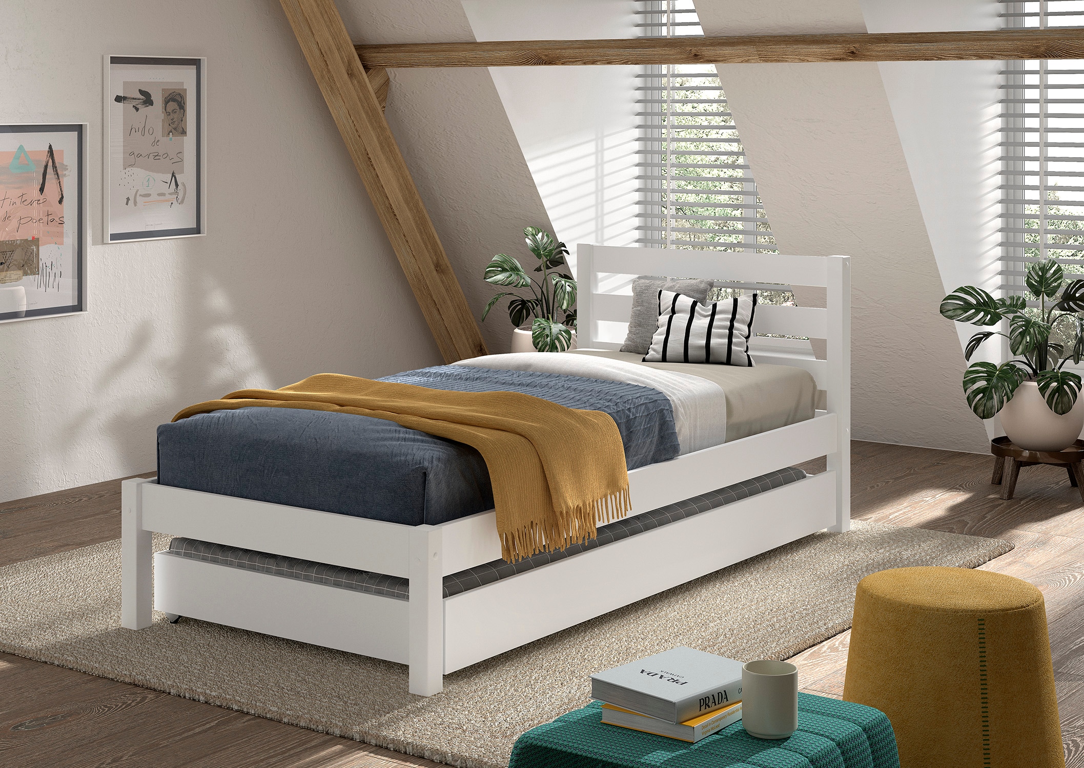 Vipack Massivholzbett »Pino, universell einsetzbar, gradliniges Design, Made in Europe« B/H/Tca. 211x84,4x 97,5cm, Liegefläche 90/200 cm, mit 1 Bettschublade,  inkl. Rolllattenrost, Kiefer massiv, in Natur oder Weiß lackiert