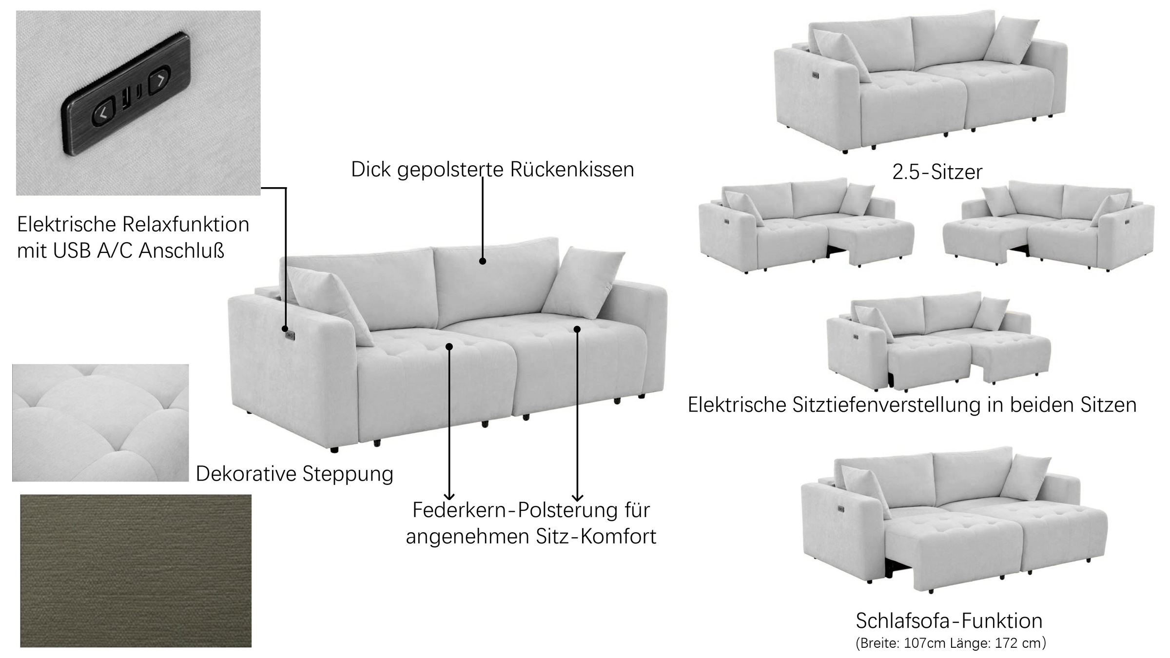 OTTO home 2,5-Sitzer »ELIANN , 209 cm - elektrisches Schlafsofa« mit USB A/C-Anschluss. Federkern, Webstoff