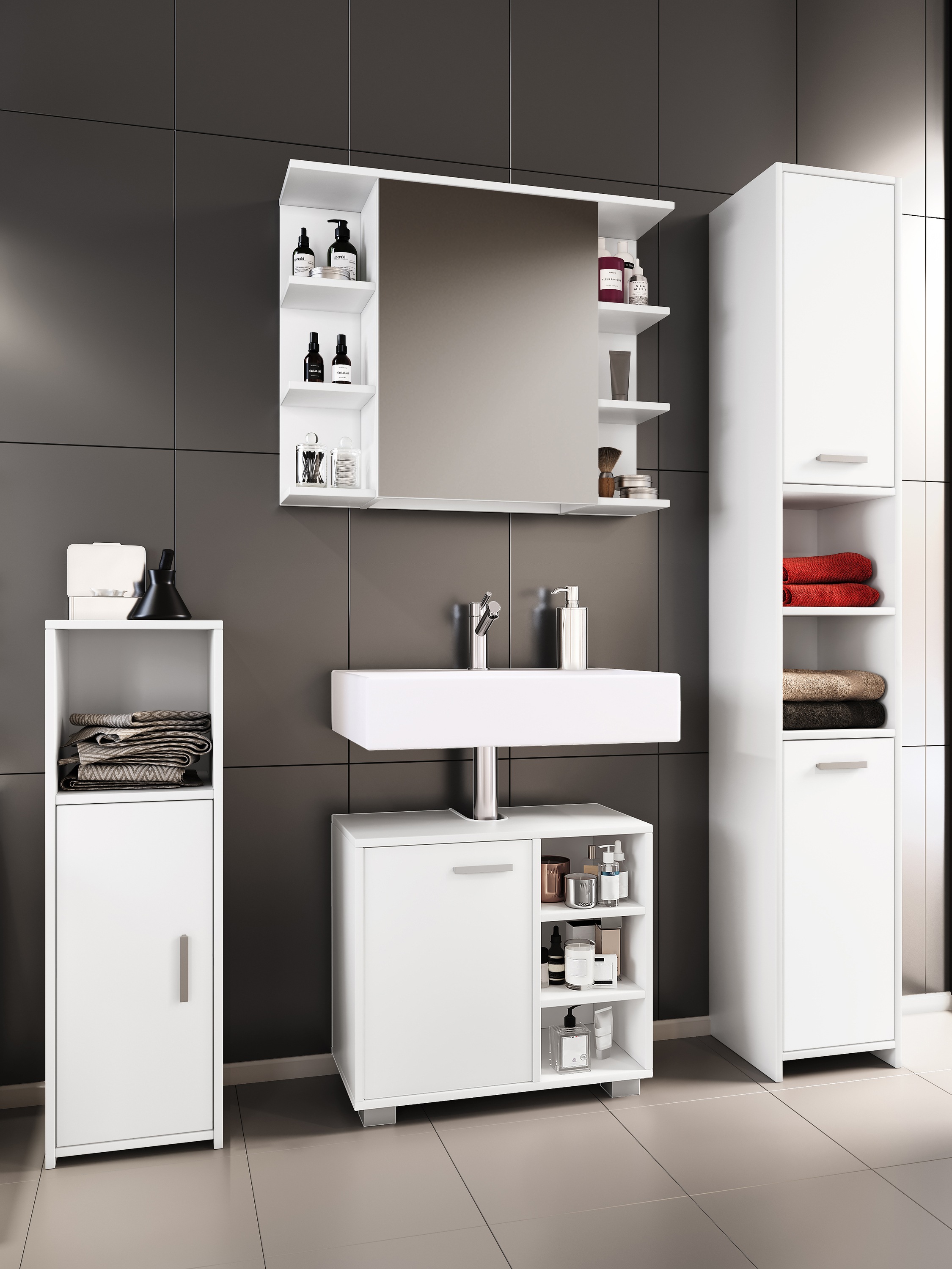 VCM Waschbeckenunterschrank »VCM 4-tlg. Badmöbelset | Badmöbel | Set aus Unterschrank, Midischrank, Hochschrank und Spiegelschrank | Badezimmermöbel - Zalo I«, (4 St.)
