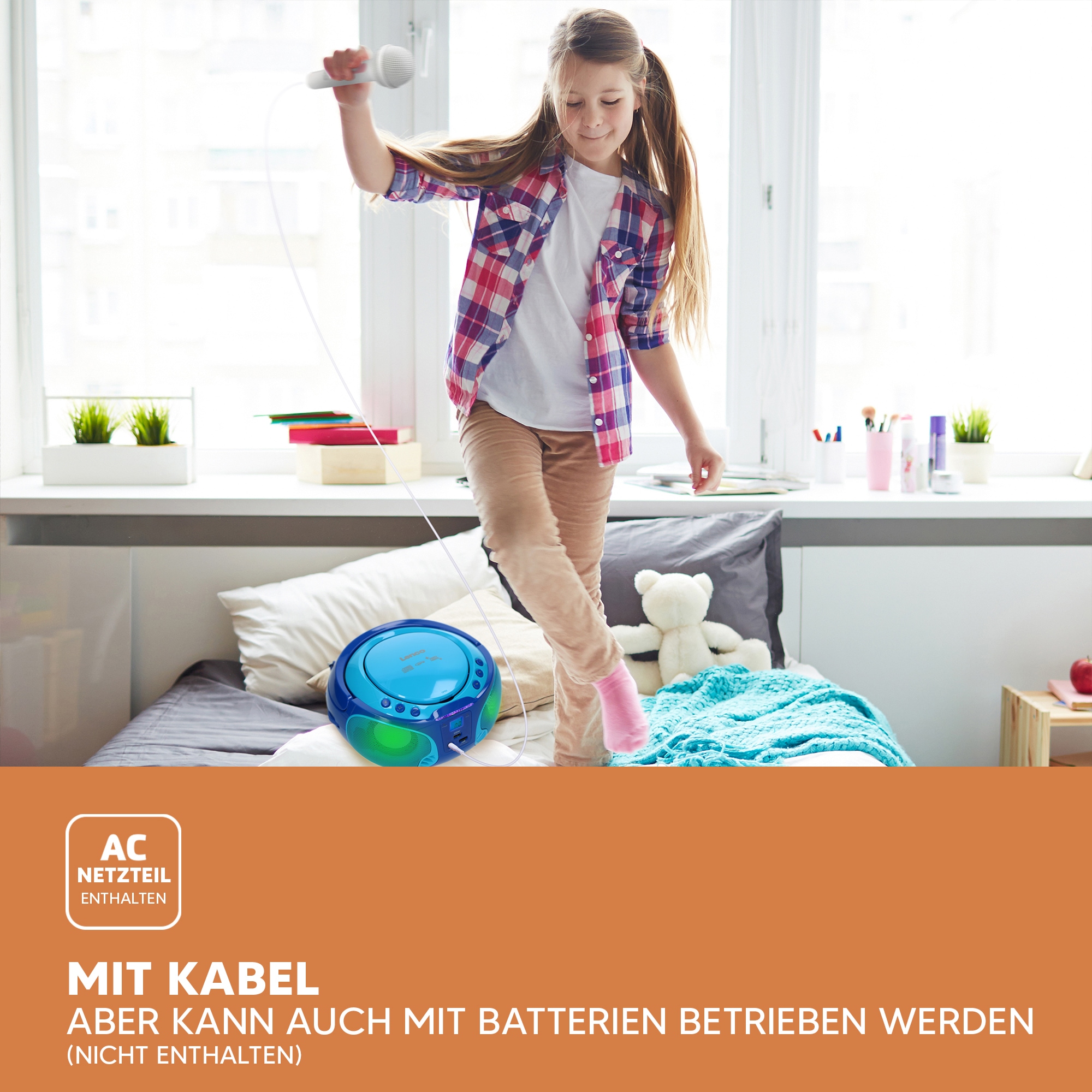 Lenco Boombox »SCD-650« ( AM-Tuner | FM-Tuner ) speziell für Kinder, USB-Anschluss, Karaoke-Mikrofon und Lichteffekte