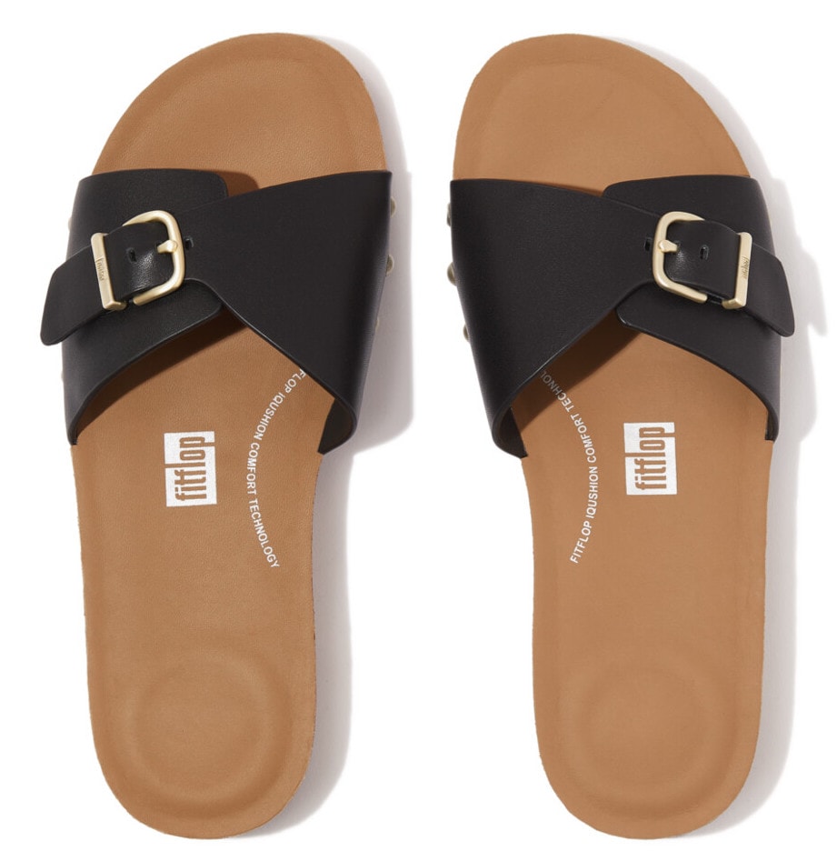 Fitflop Pantolette »IQUSHION ADJUSTABLE BUCKLE LEATHER SLIDES«, Sommerschuh, Schlappen mit verstellbarer Bandage