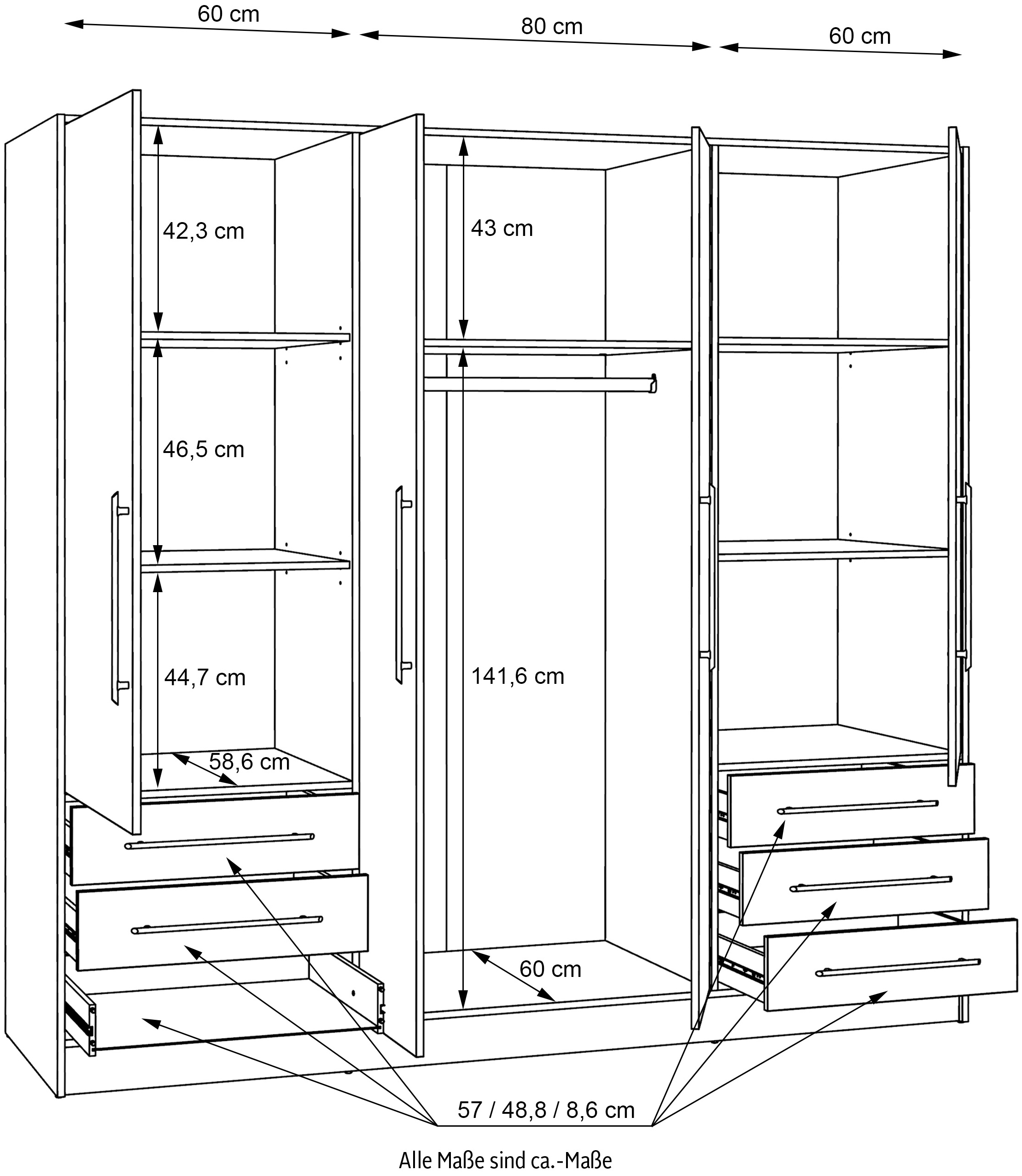 FORTE Kleiderschrank »Jupiter, Made in Europe, mit Schubladen«, (Maße (T/H): 60/200 cm), Stauraum, 2 Breiten, 4 Farben, Schubladen, variable Einlegeböden