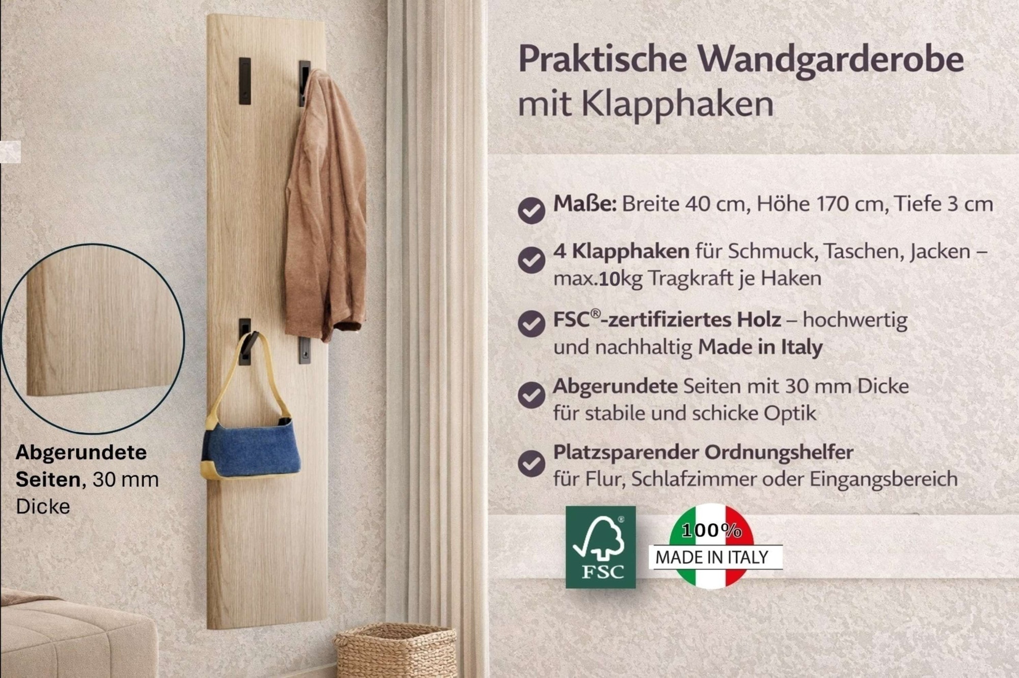 Home affaire Garderobenpaneel »DILLON, Garderobenwand, Paneel, 4 Klapphaken, Made in Italy,« 1 Stk. tlg. Breite 40 cm, Höhe 170 cm, mit abgerundeten Seiten, Made in Italy