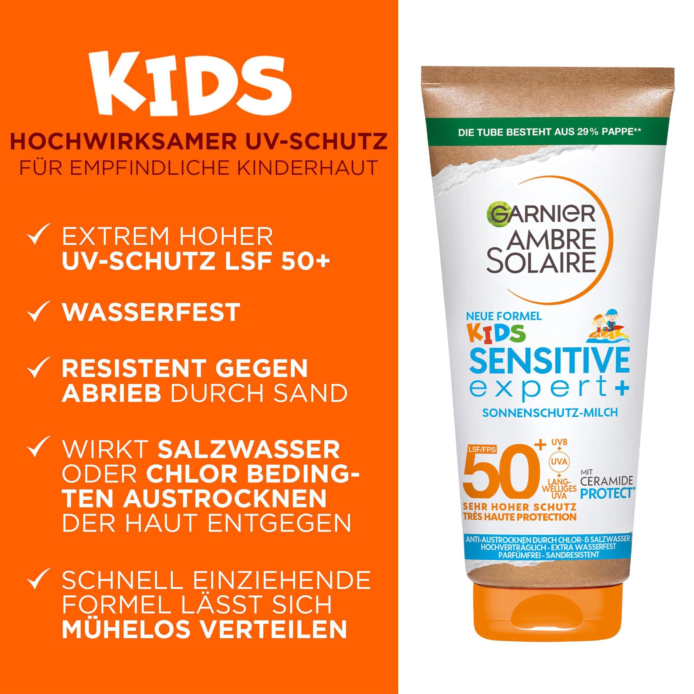 GARNIER Sonnenschutzmilch »AMBRE SOLAIRE KIDS SENSITIV EXPERT+ LSF50+« für sensible Kinderhaut, parfümfrei, wasserfest, mit Milch-Textur